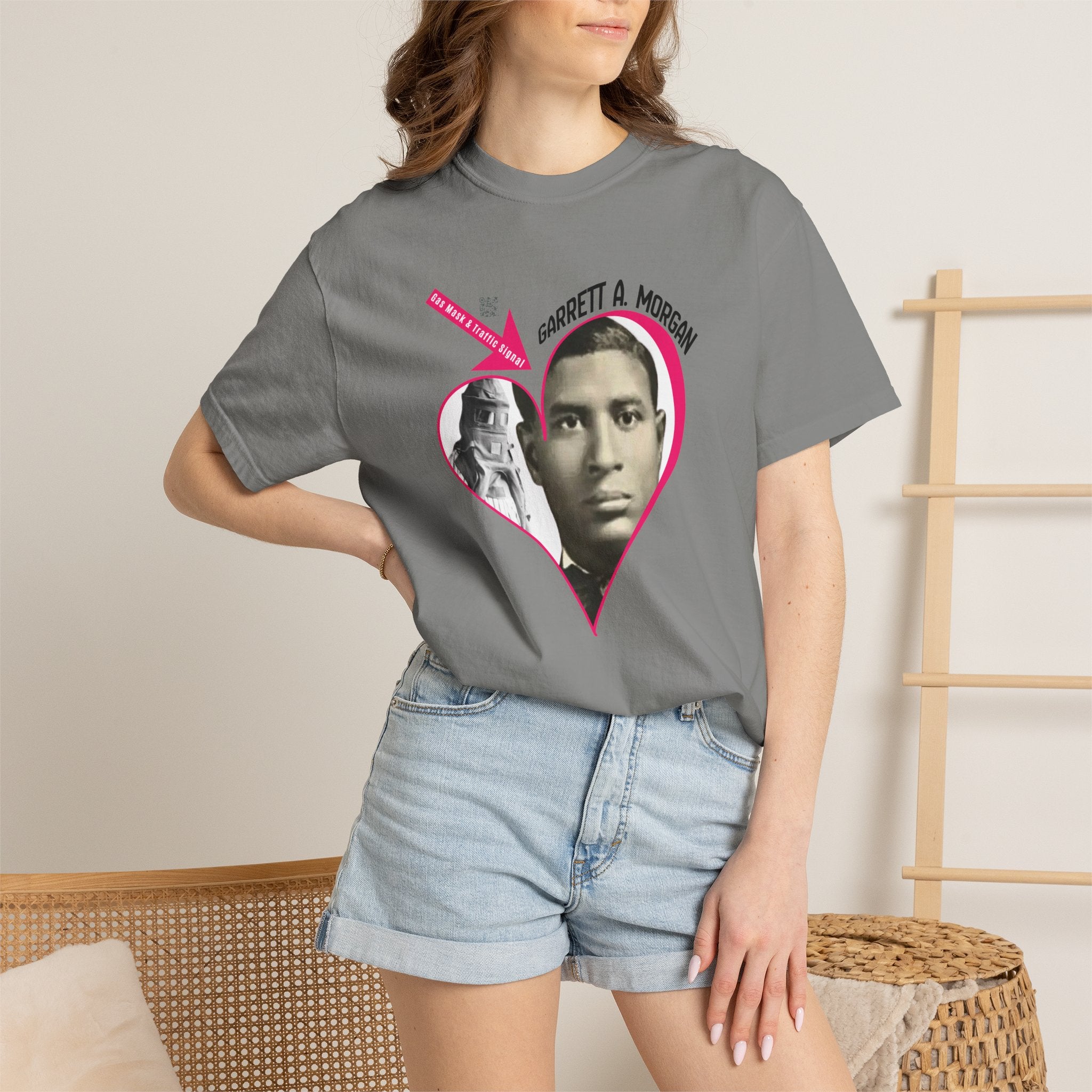 Garrett A. Morgan Oversize Heart Tribute Tee — Inventor of Traffic Signal & Gas Mask with QR Bio