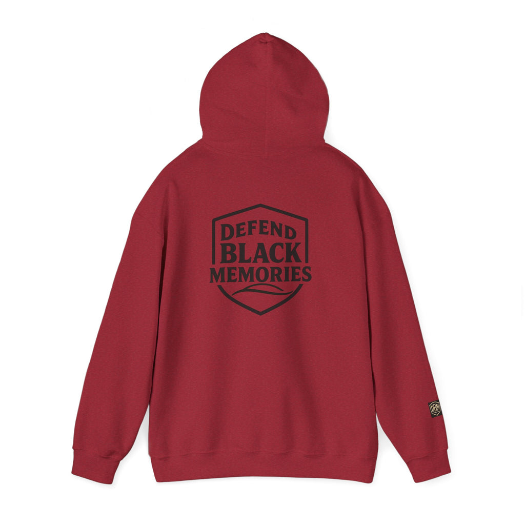 Defend Black Memories: Elijah McCoy Historical Black Portrait Big Back Logo Hoodie