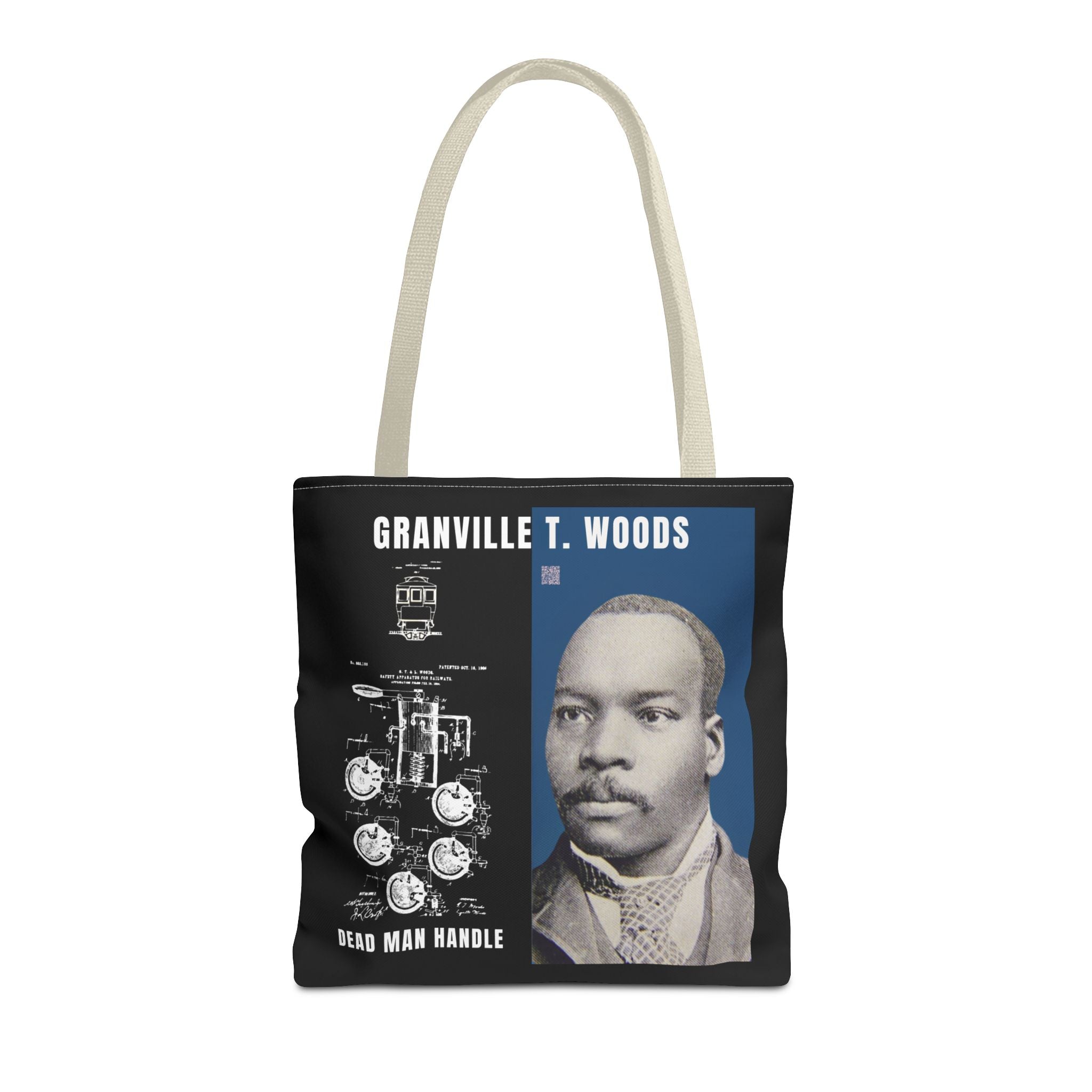 Granville T. Woods Historical Portrait Black Tote Bag (Trans/Dark Cerulean Block)