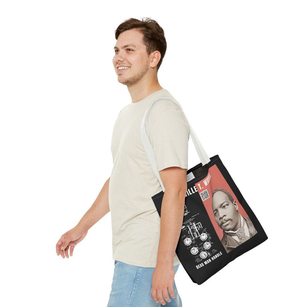 Granville T. Woods Historical Portrait Black Tote Bag (Trans/Dark Cerulean Block)