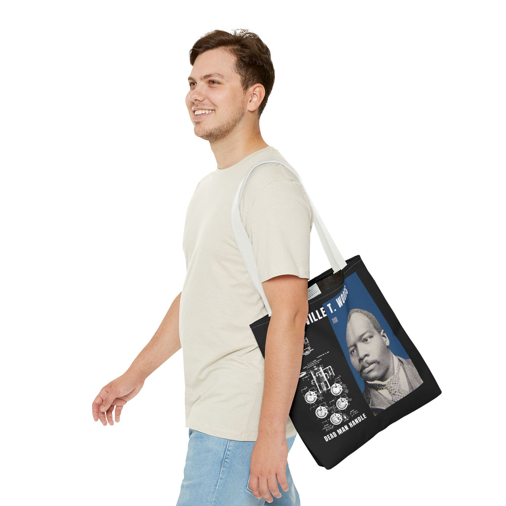 Granville T. Woods Historical Portrait Black Tote Bag (Trans/Dark Cerulean Block)