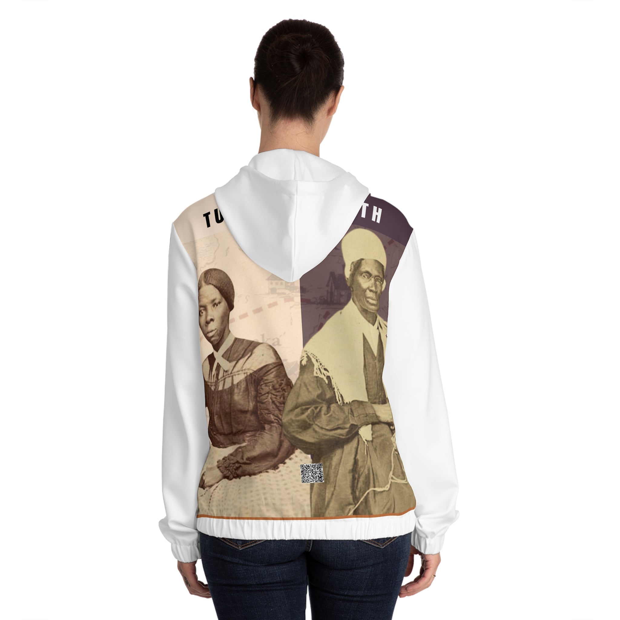Tubman-Truth, Women's Full-Zip Hoodie with Full Back Graphic (White)