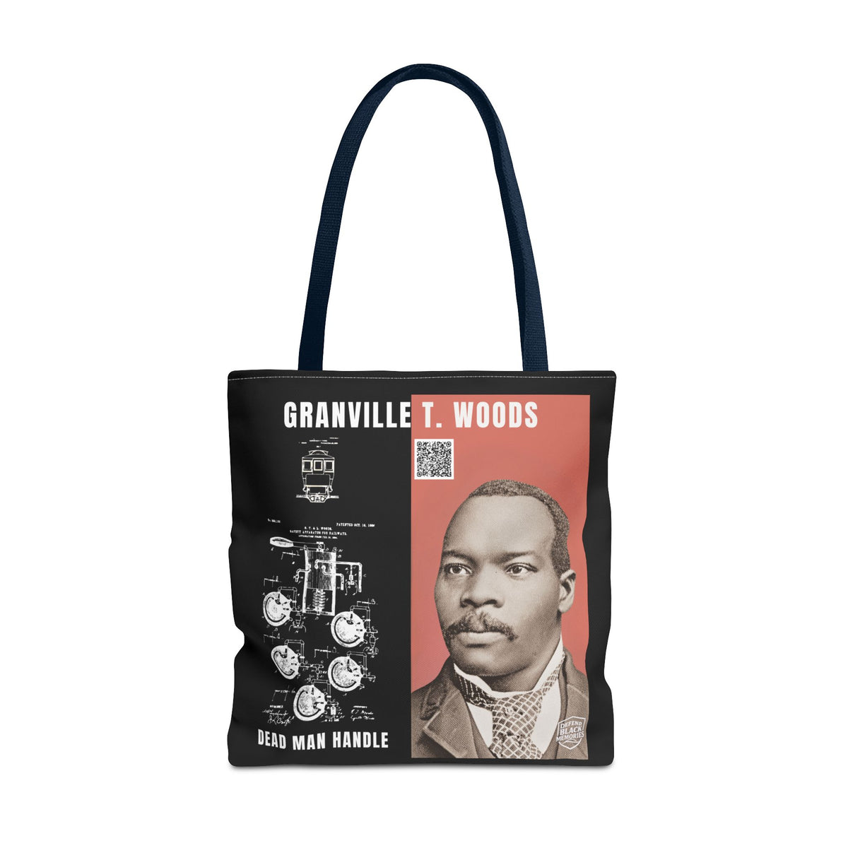 Granville T. Woods Historical Portrait Black Tote Bag (Trans/Dark Cerulean Block)