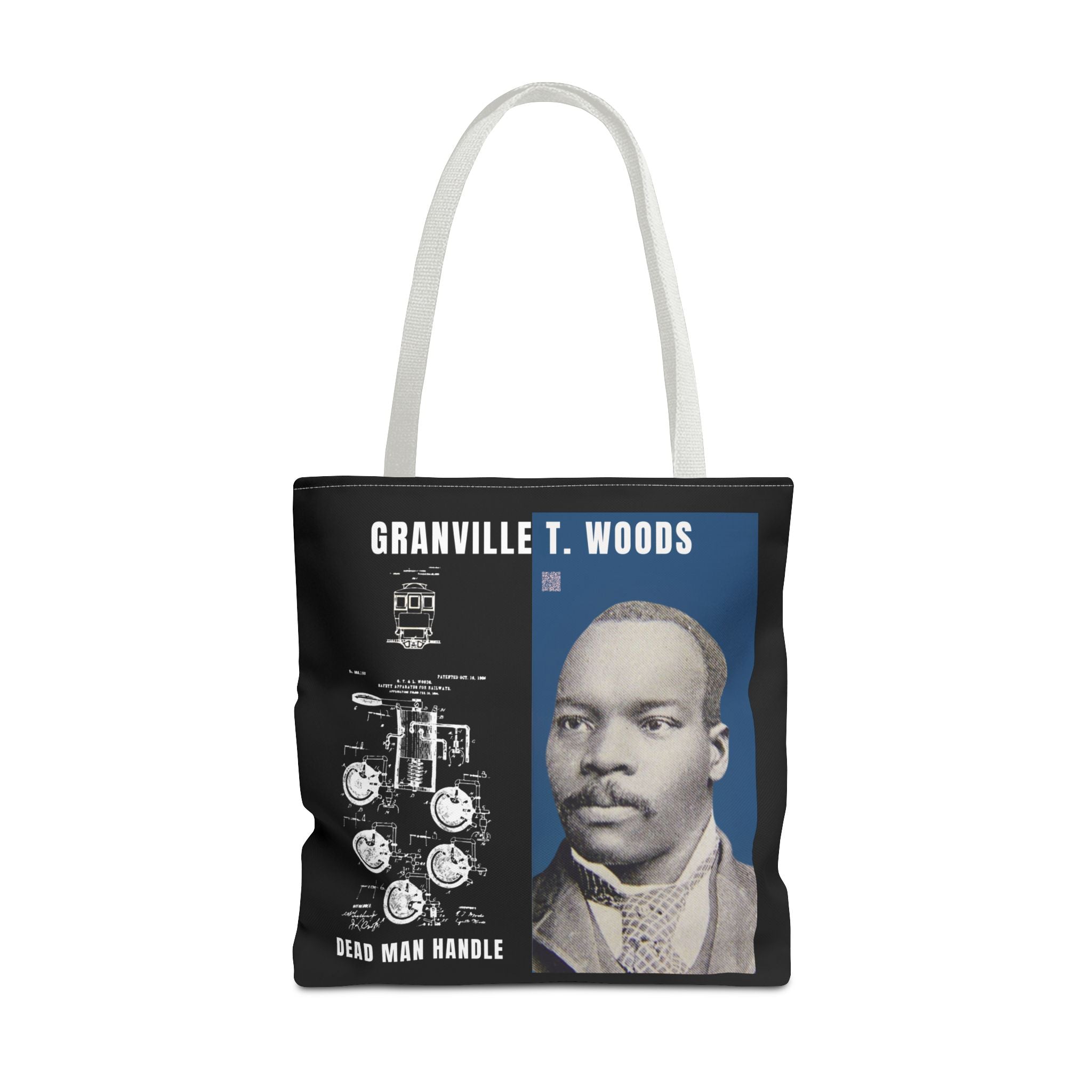 Granville T. Woods Historical Portrait Black Tote Bag (Trans/Dark Cerulean Block)