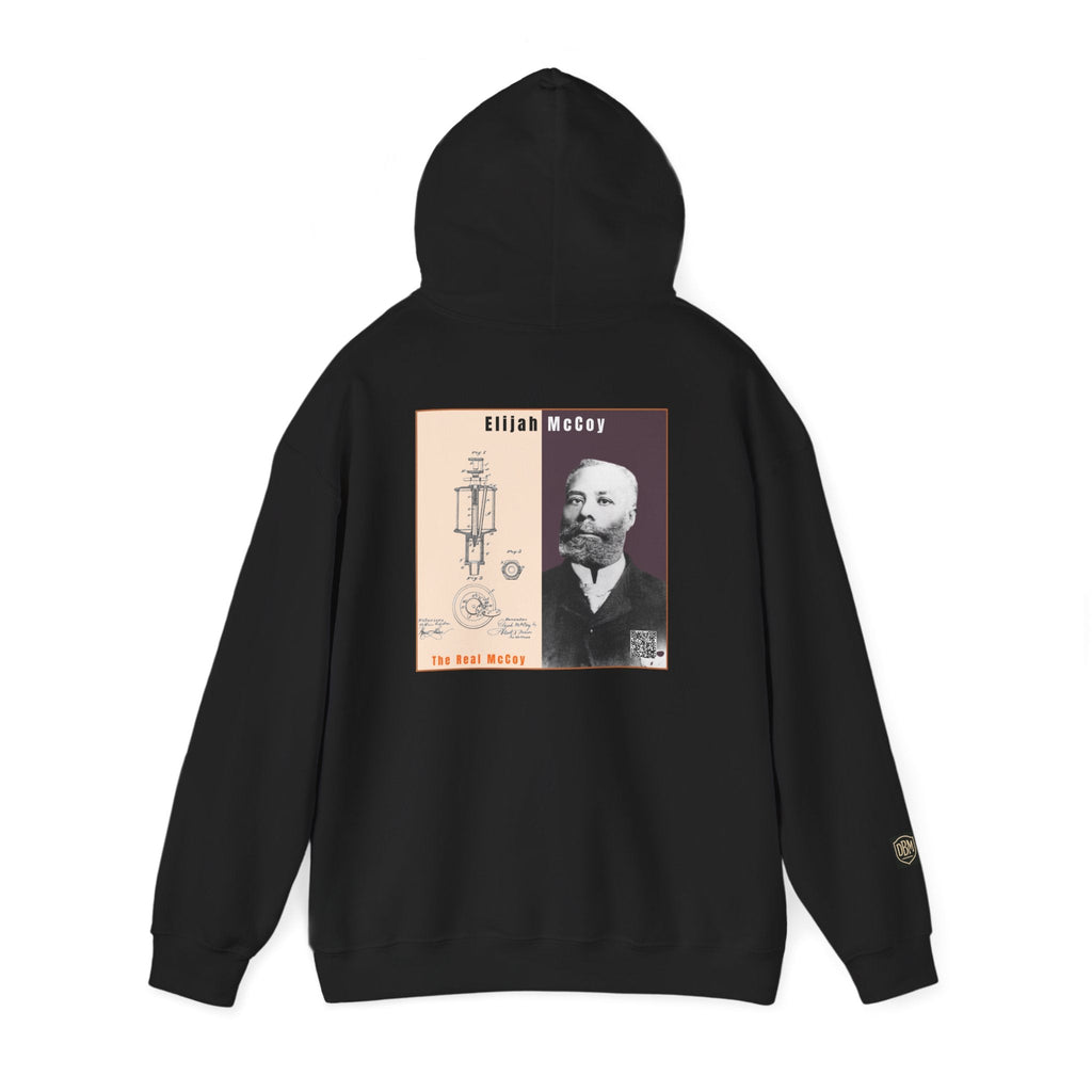 Defend Black Memories: Elijah McCoy Historical Black Portrait Big Back Logo Hoodie