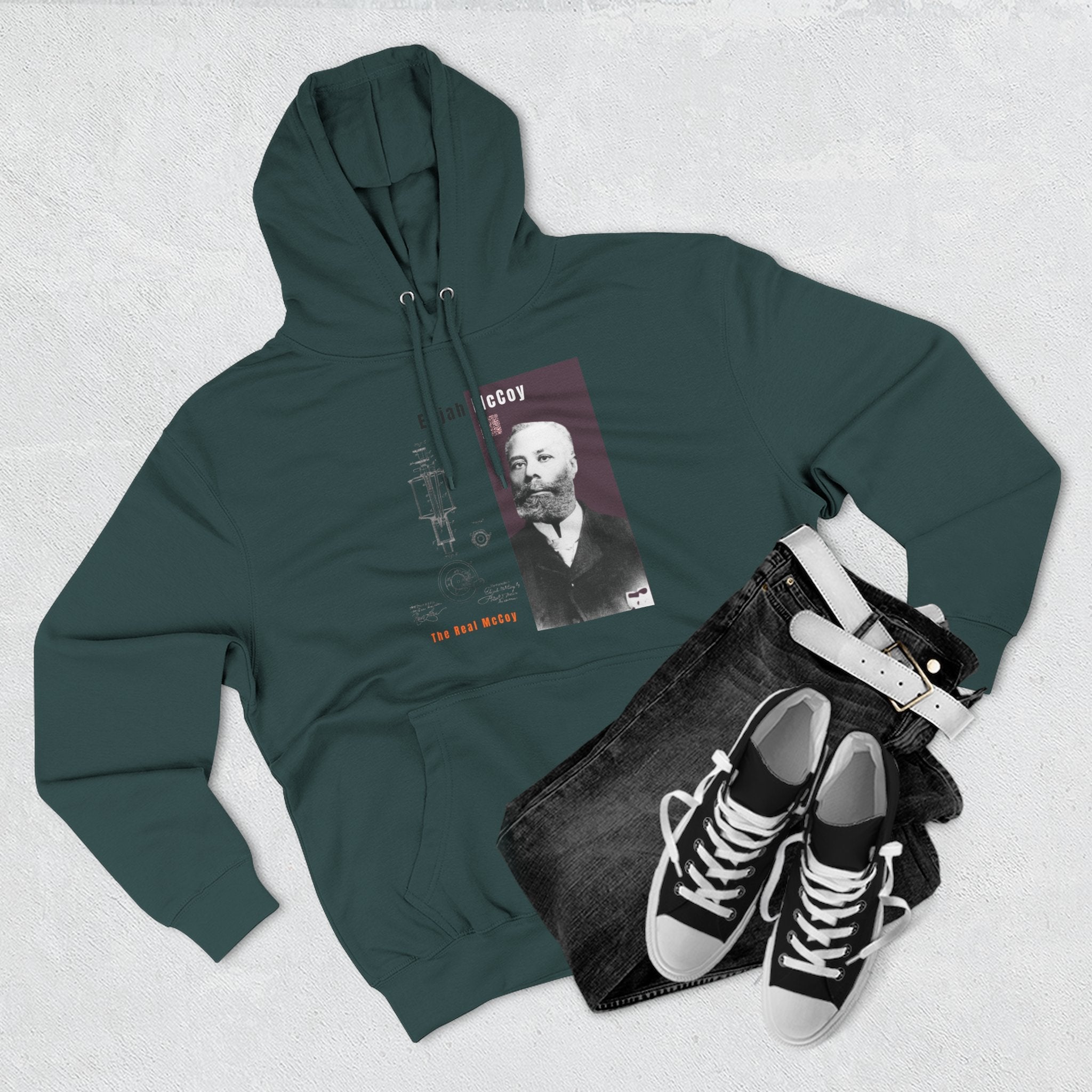 Defend Black Memories: Elijah McCoy Three-Panel Design Hoodie-Historic Black Portrait Pullover