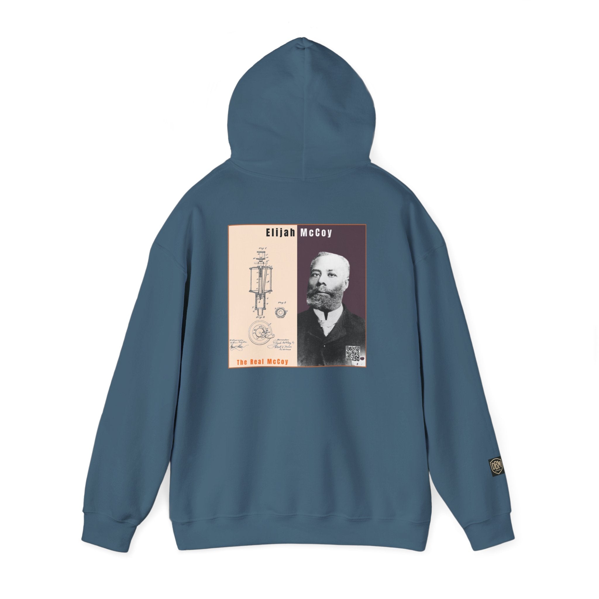 Defend Black Memories: Elijah McCoy Historical Black Portrait Big Back Logo Hoodie