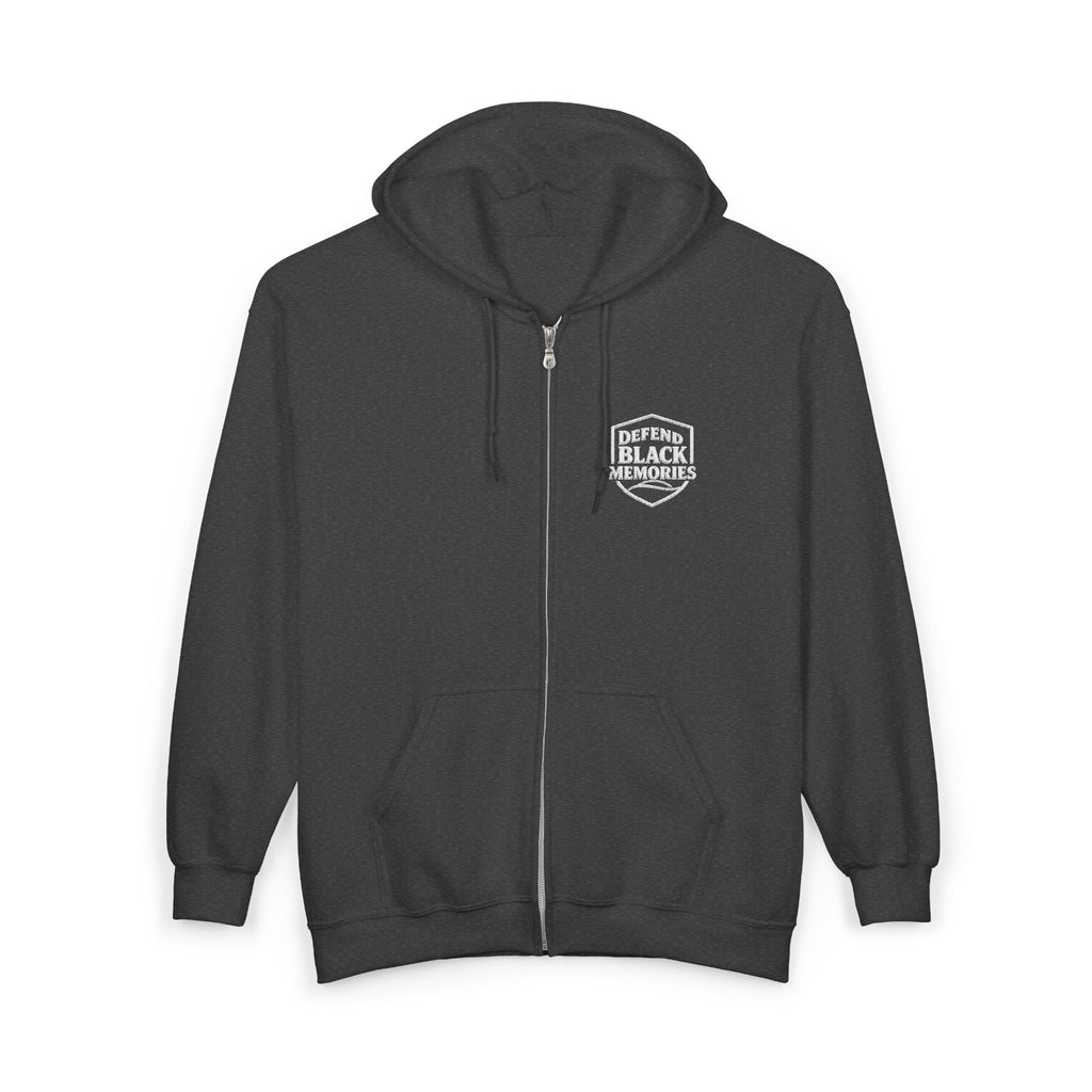 Defend Black Memories:Retro Shield Zip Hoodie — Minimal Crest Full-Zip Sweatshirt