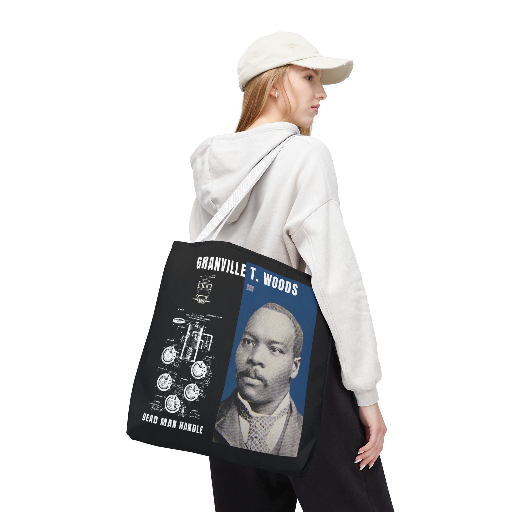 Granville T. Woods Historical Portrait Black Tote Bag (Trans/Dark Cerulean Block)