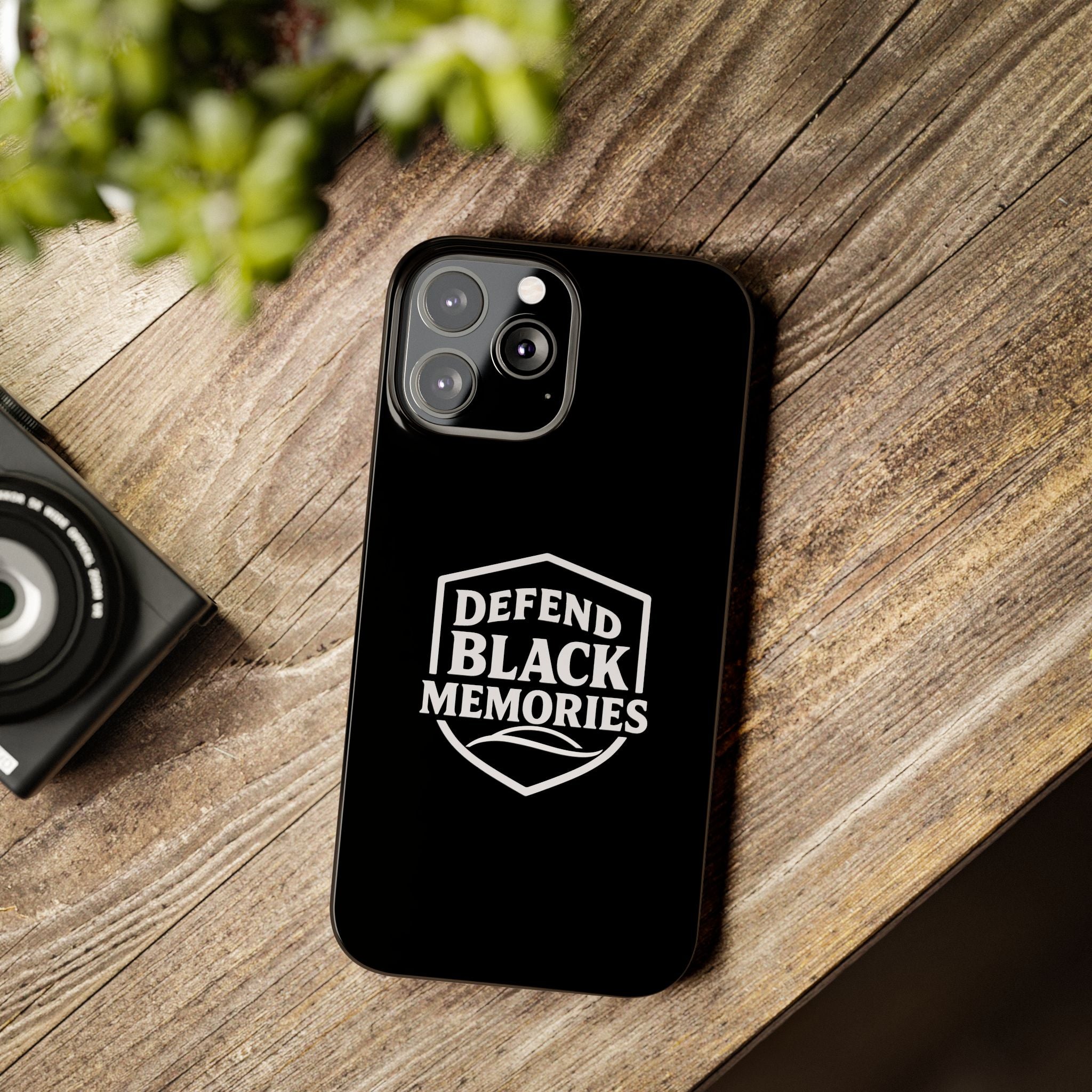 Defend Black Memories Slim Phone Case — Black Shield Typography Protective Cover