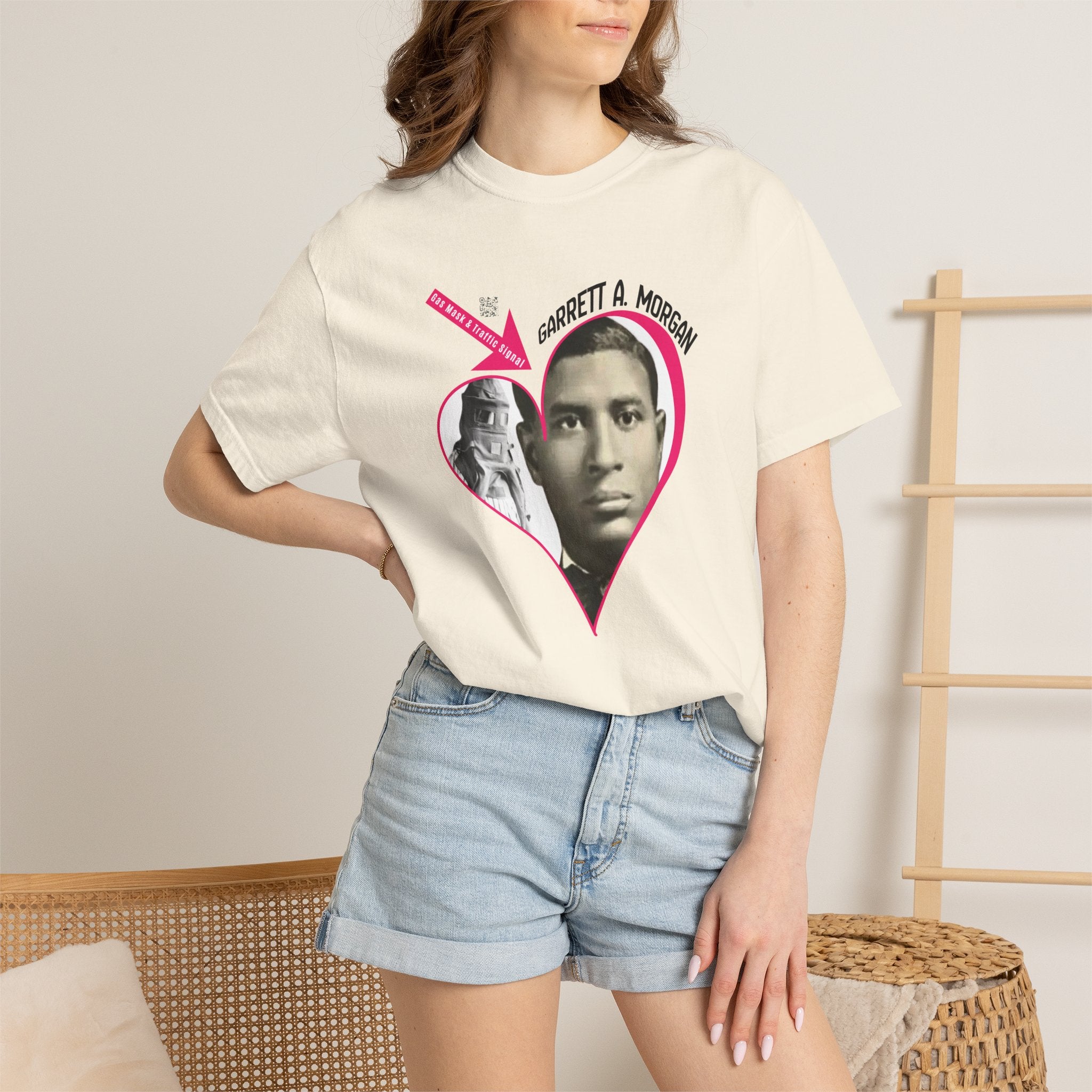Garrett A. Morgan Oversize Heart Tribute Tee — Inventor of Traffic Signal & Gas Mask with QR Bio