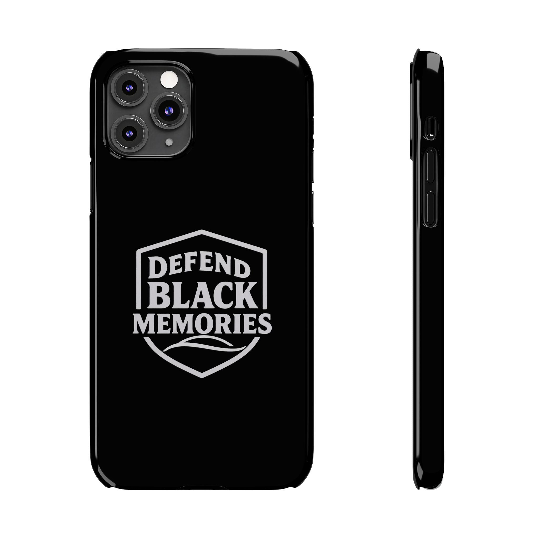 Defend Black Memories Slim Phone Case — Black Shield Typography Protective Cover