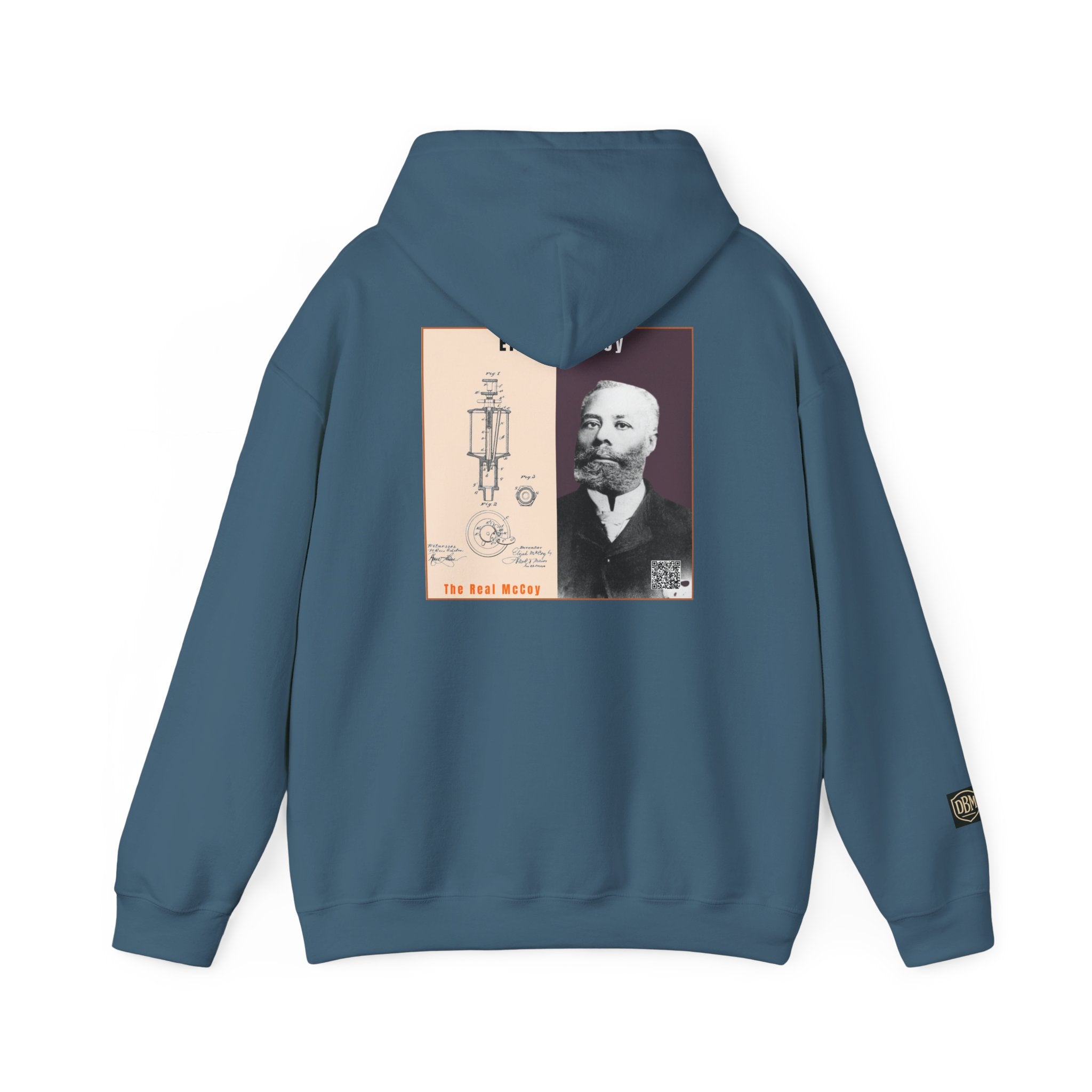 Defend Black Memories: Elijah McCoy Historical Black Portrait Big Back Logo Hoodie