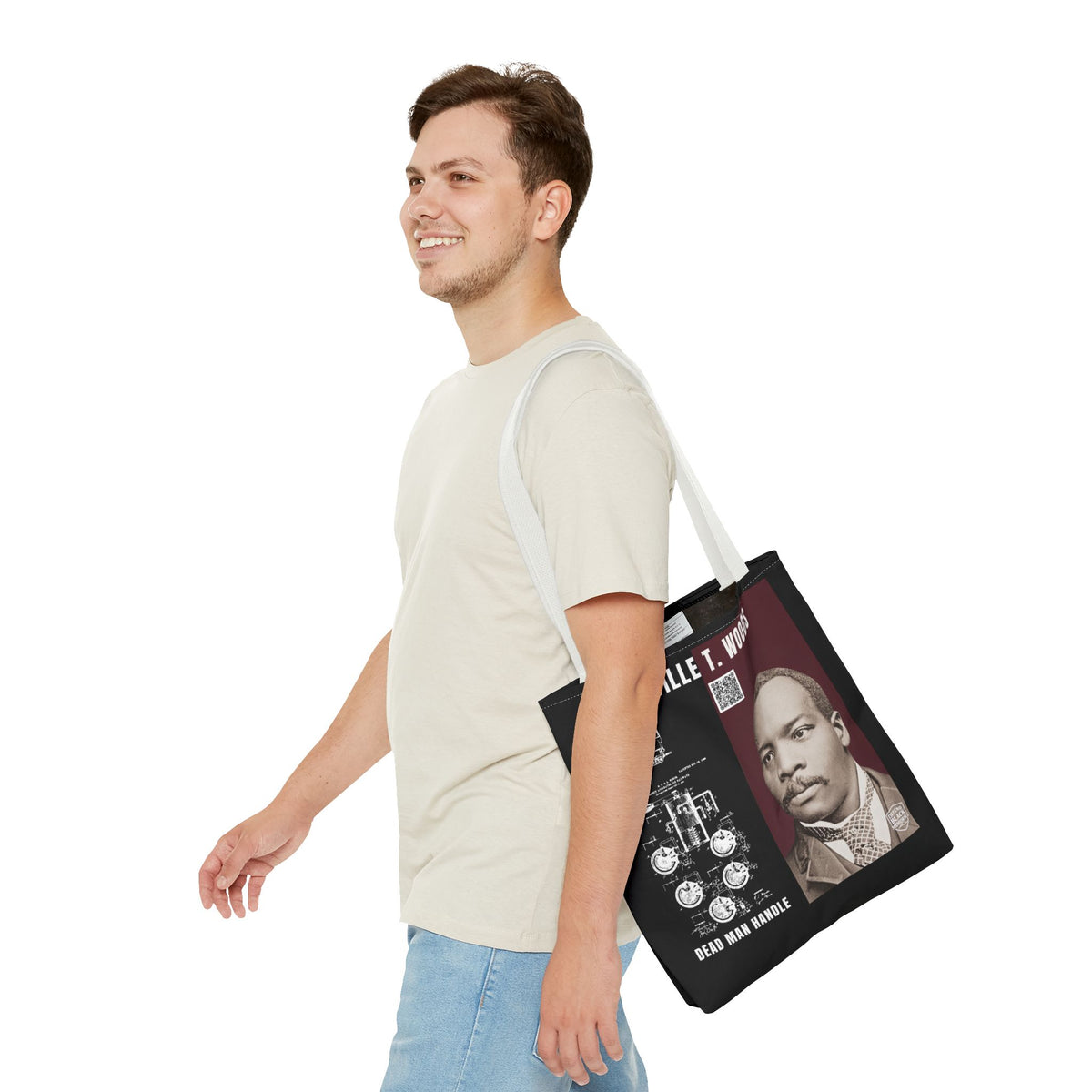 Granville T. Woods Historical Portrait Black Tote Bag (Trans/Brown Block)