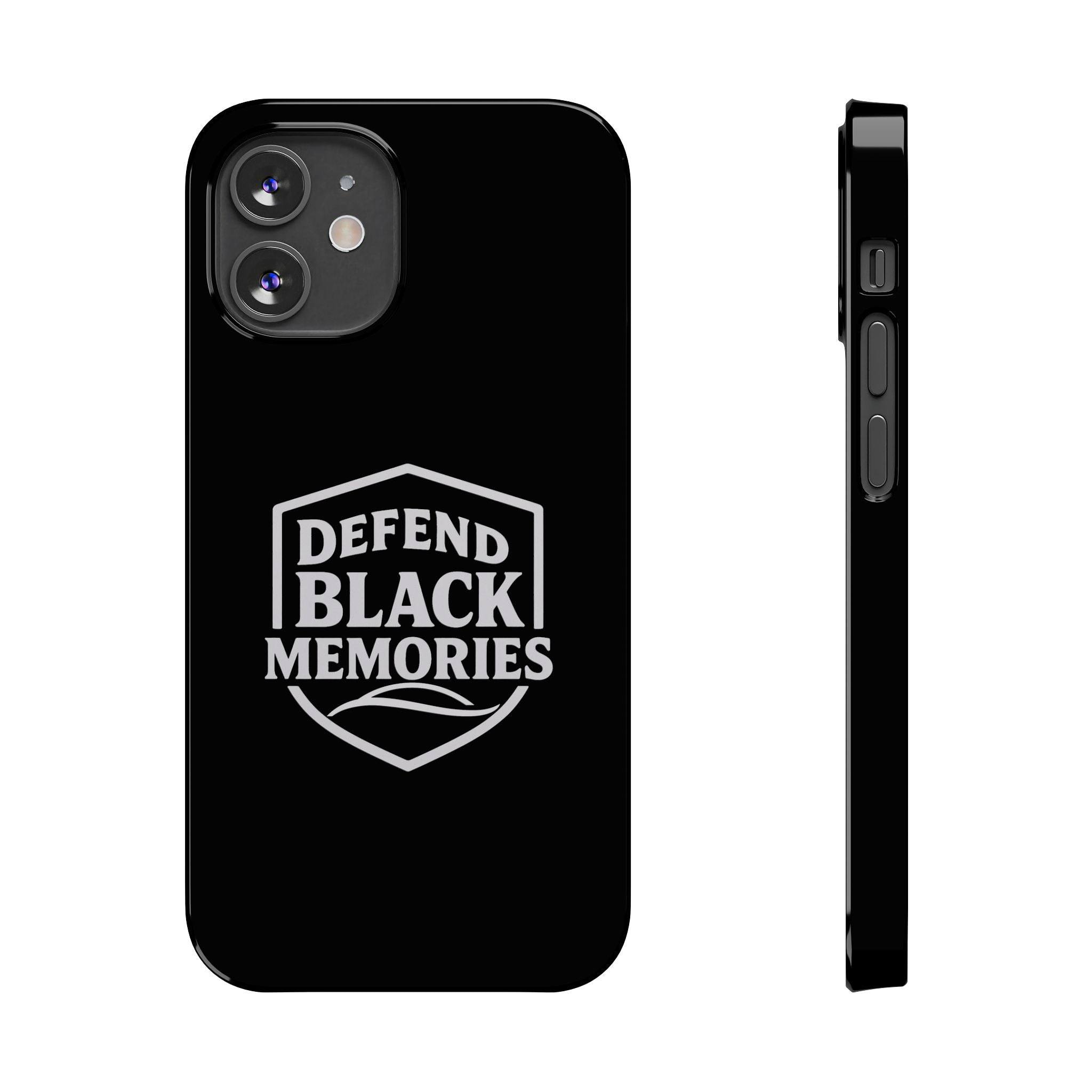 Defend Black Memories Slim Phone Case — Black Shield Typography Protective Cover
