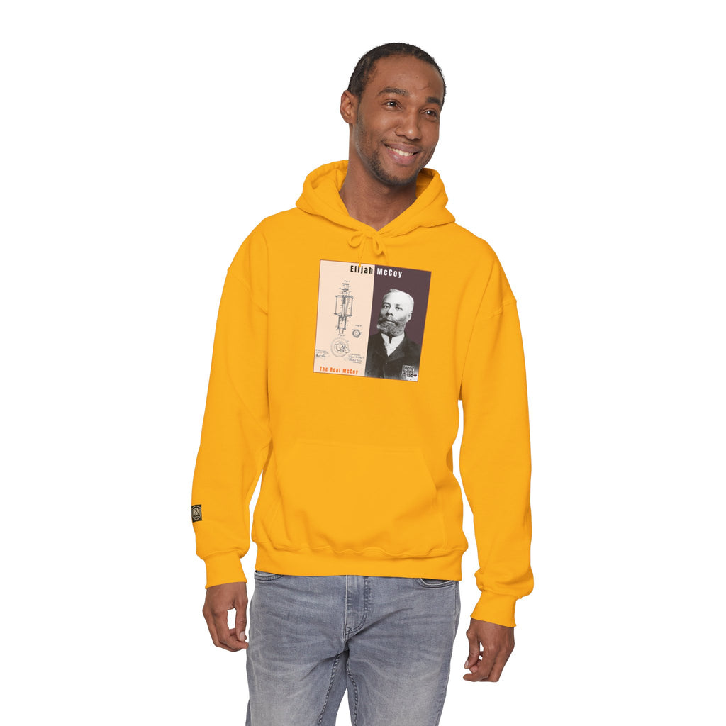 Defend Black Memories: Elijah McCoy Historical Black Portrait Big Back Logo Hoodie