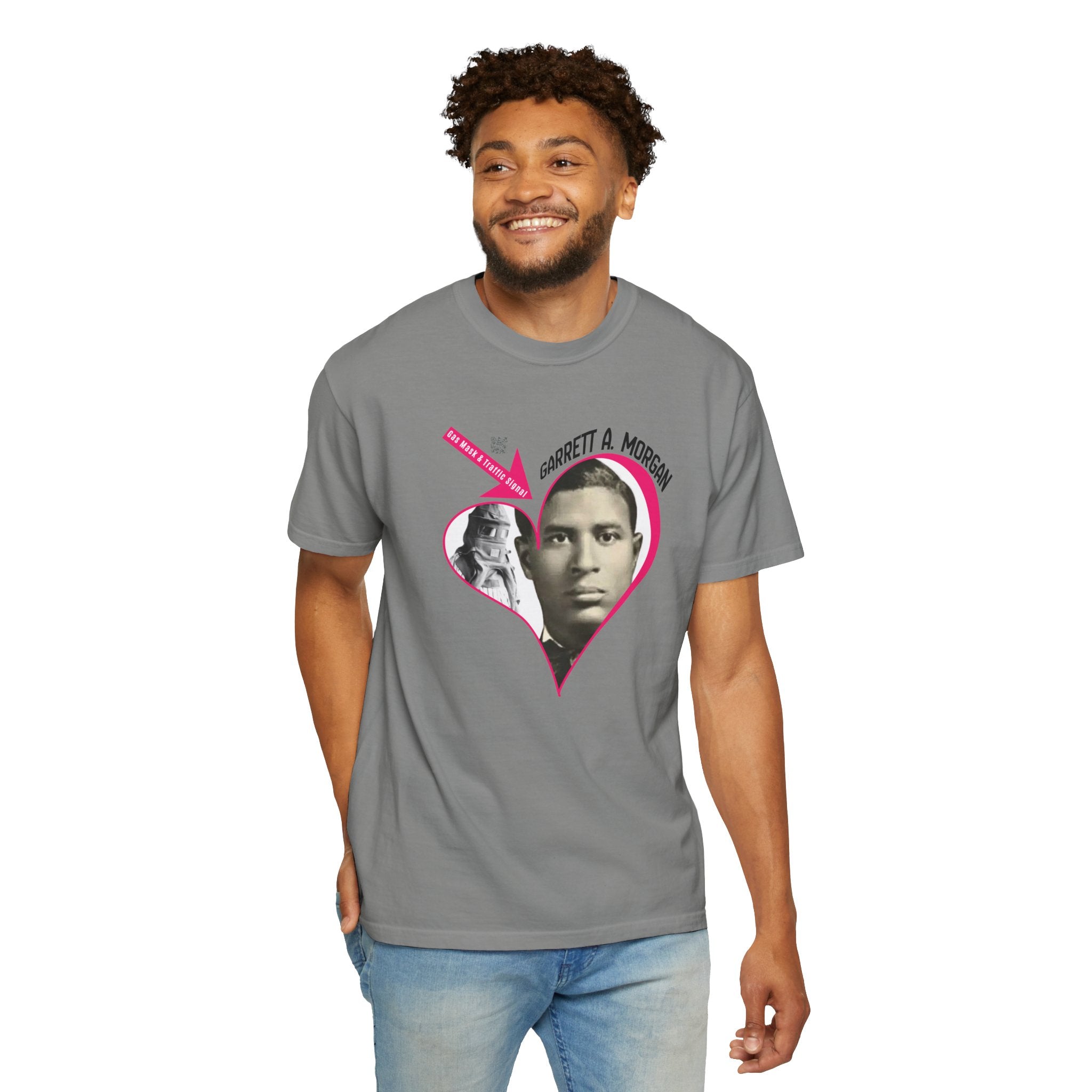 Garrett A. Morgan Oversize Heart Tribute Tee — Inventor of Traffic Signal & Gas Mask with QR Bio