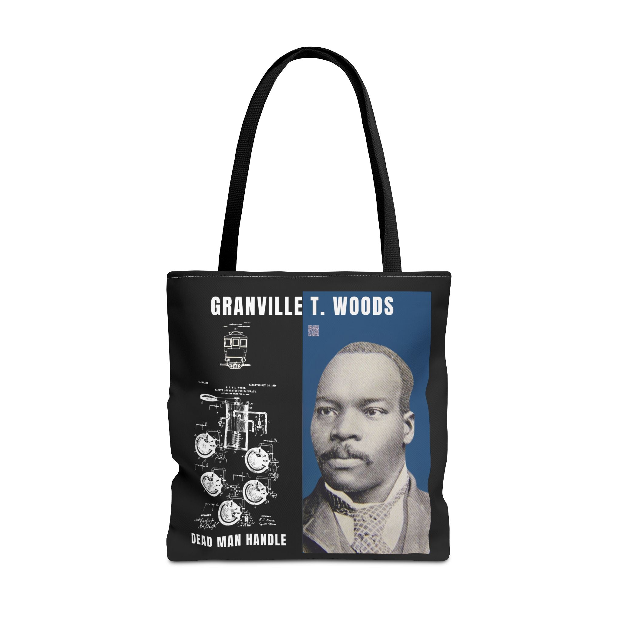 Granville T. Woods Historical Portrait Black Tote Bag (Trans/Dark Cerulean Block)