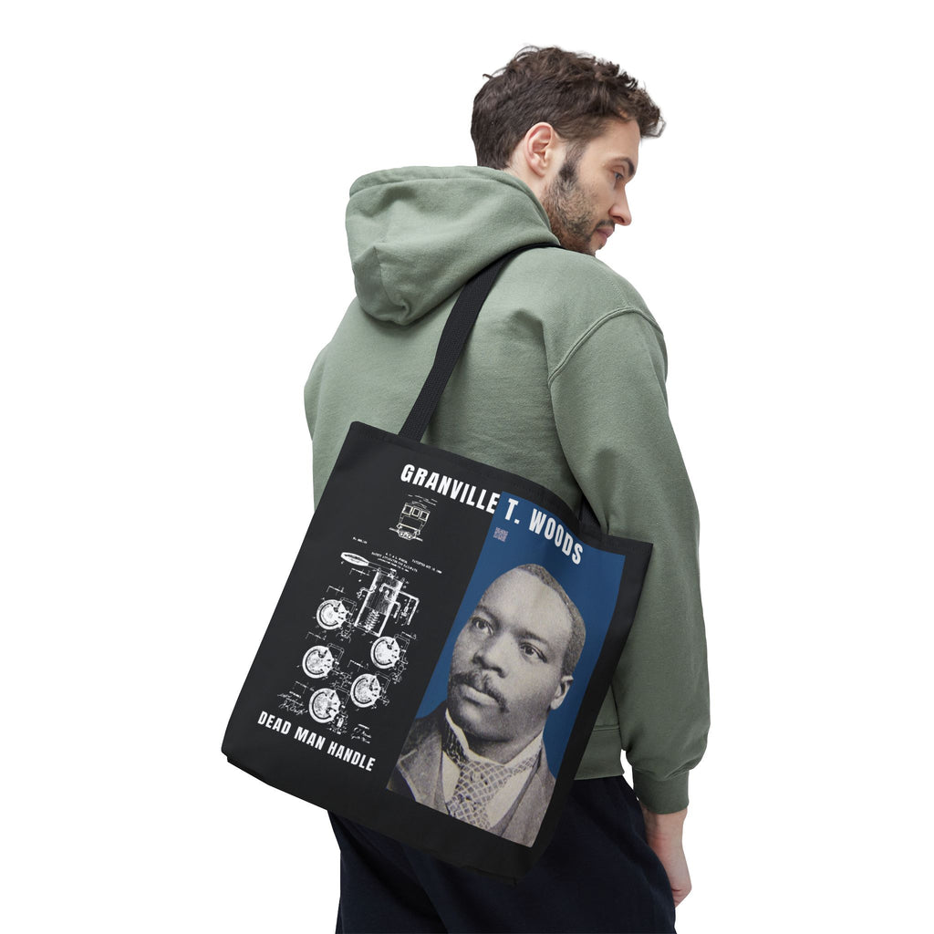 Granville T. Woods Historical Portrait Black Tote Bag (Trans/Dark Cerulean Block)