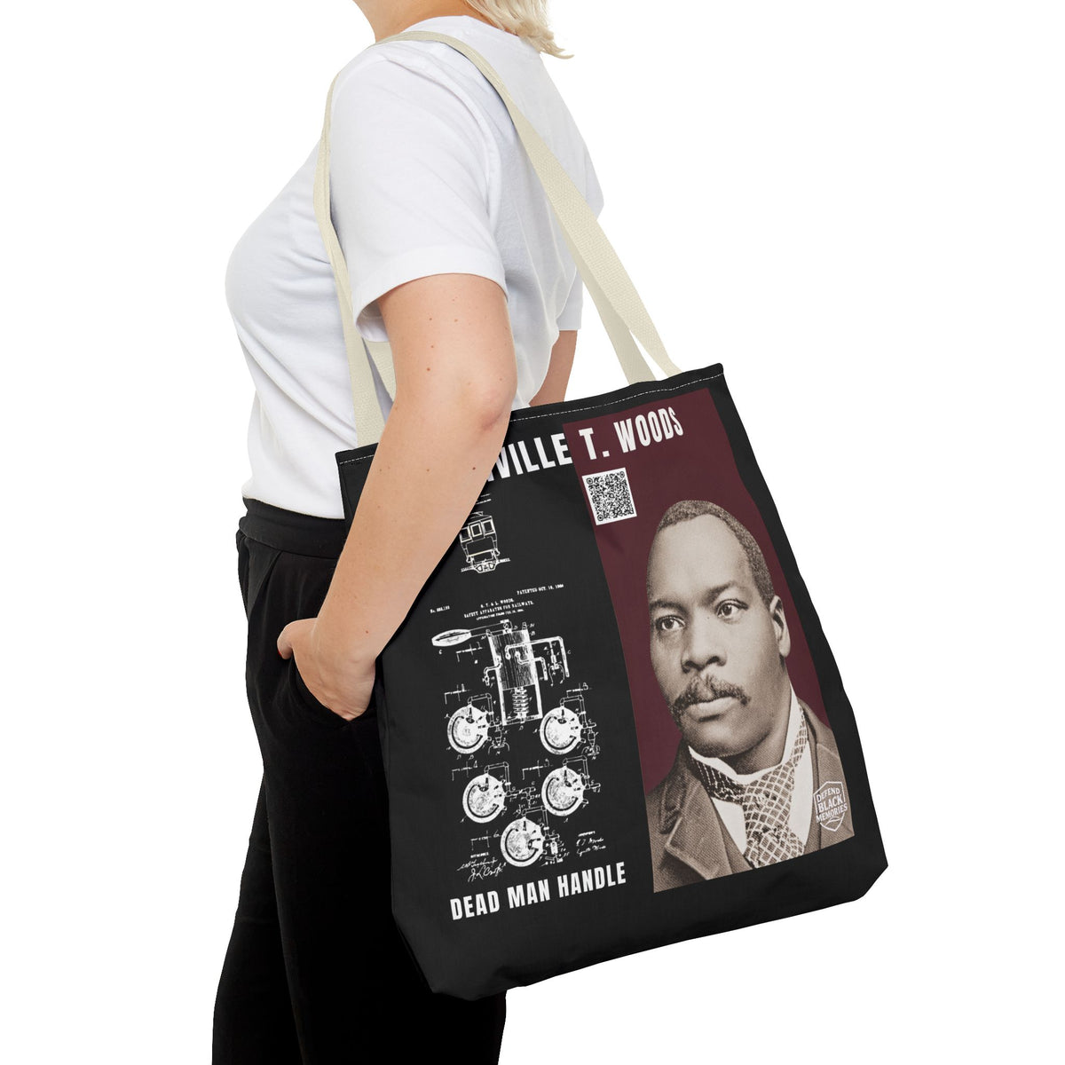 Granville T. Woods Historical Portrait Black Tote Bag (Trans/Brown Block)