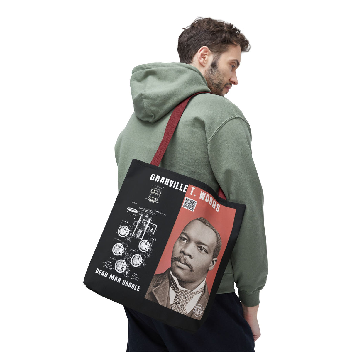 Granville T. Woods Historical Portrait Black Tote Bag (Trans/Dark Cerulean Block)