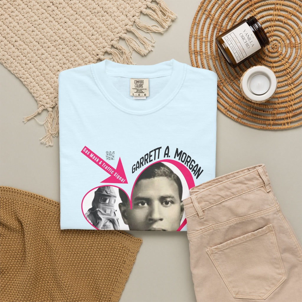 Garrett A. Morgan Oversize Heart Tribute Tee — Inventor of Traffic Signal & Gas Mask with QR Bio