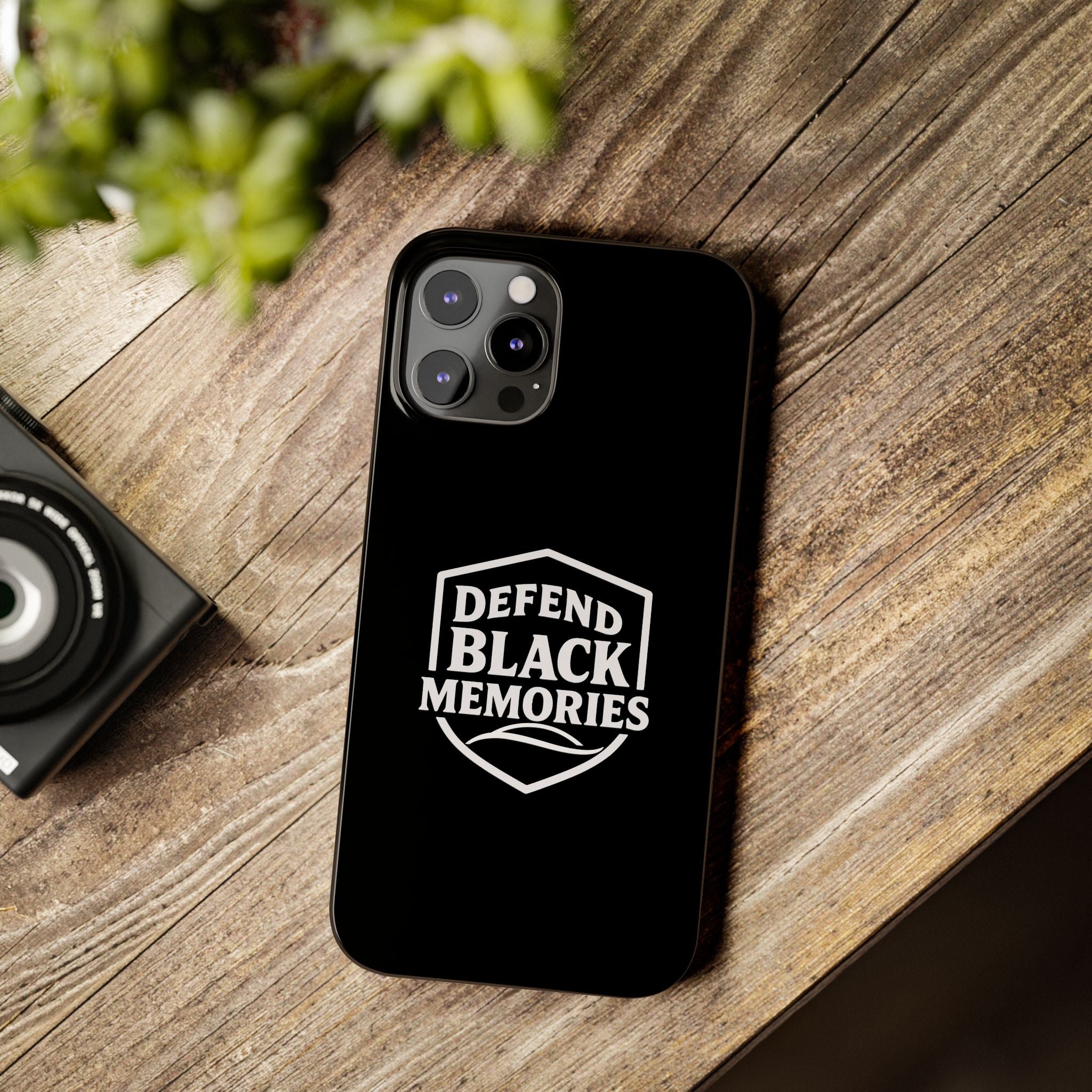 Defend Black Memories Slim Phone Case — Black Shield Typography Protective Cover