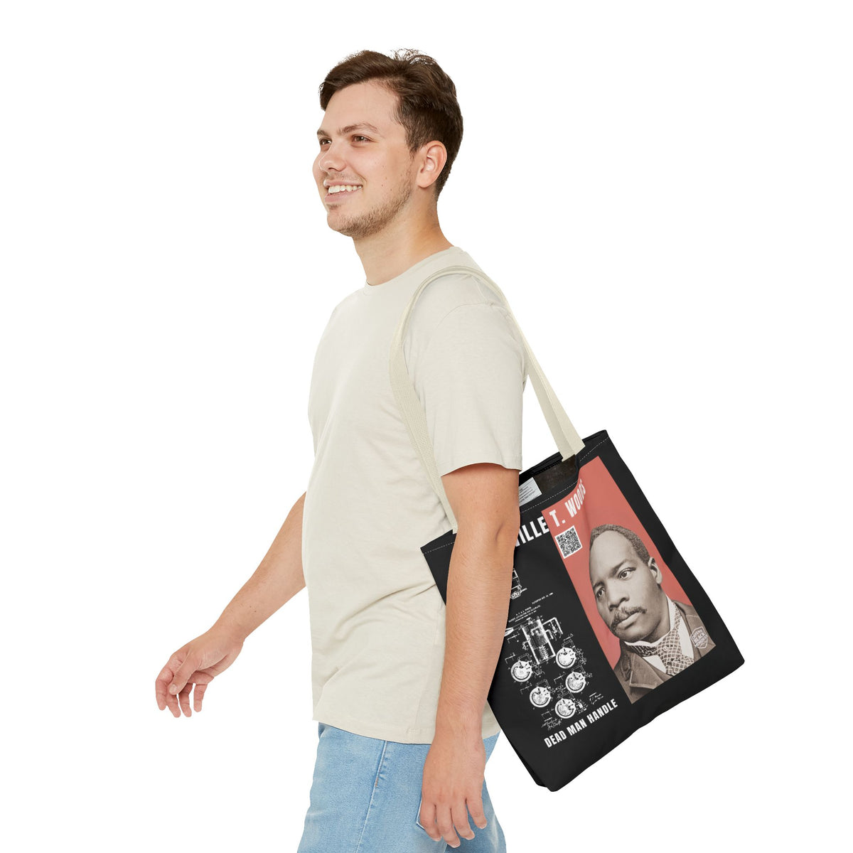 Granville T. Woods Historical Portrait Black Tote Bag (Trans/Dark Cerulean Block)