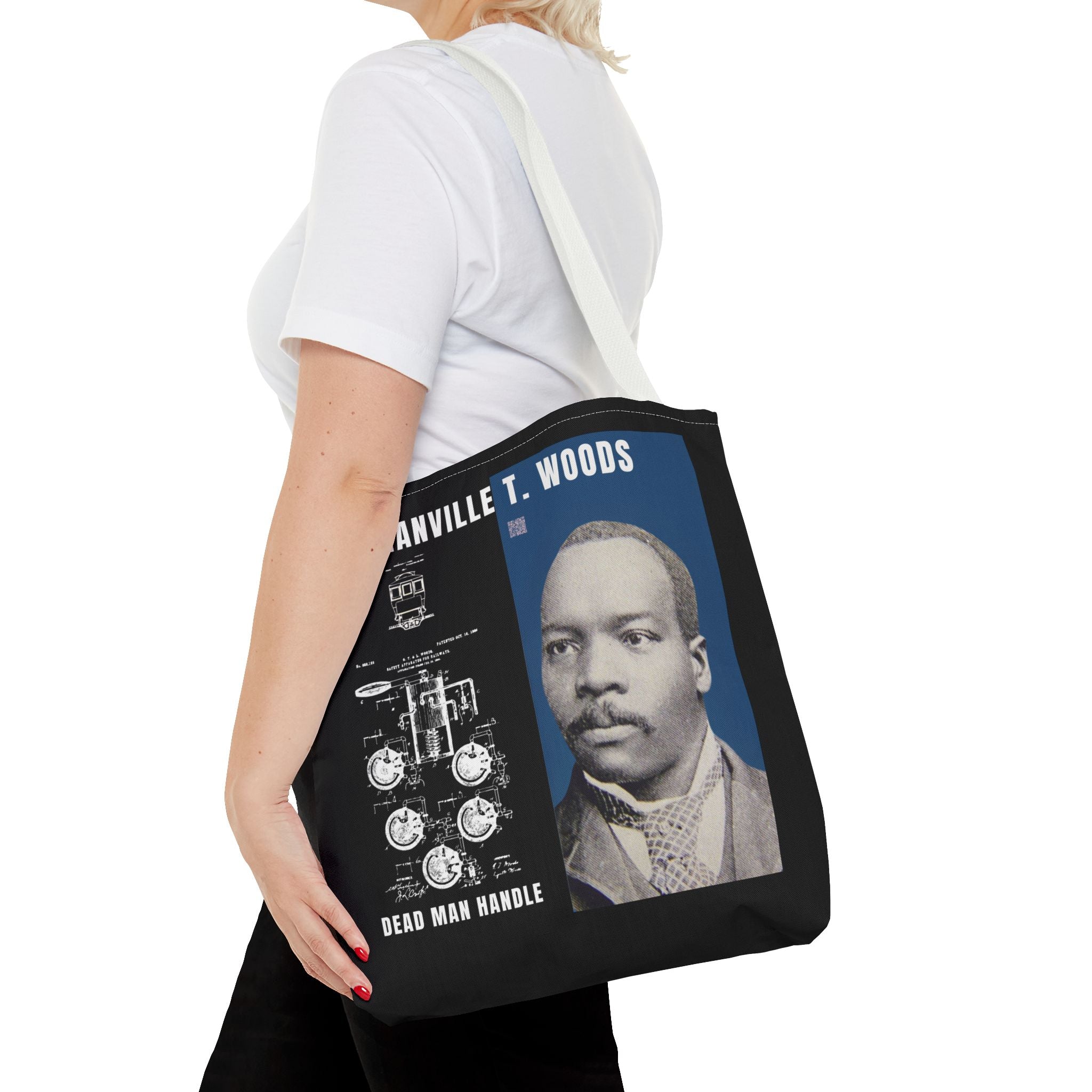 Granville T. Woods Historical Portrait Black Tote Bag (Trans/Dark Cerulean Block)