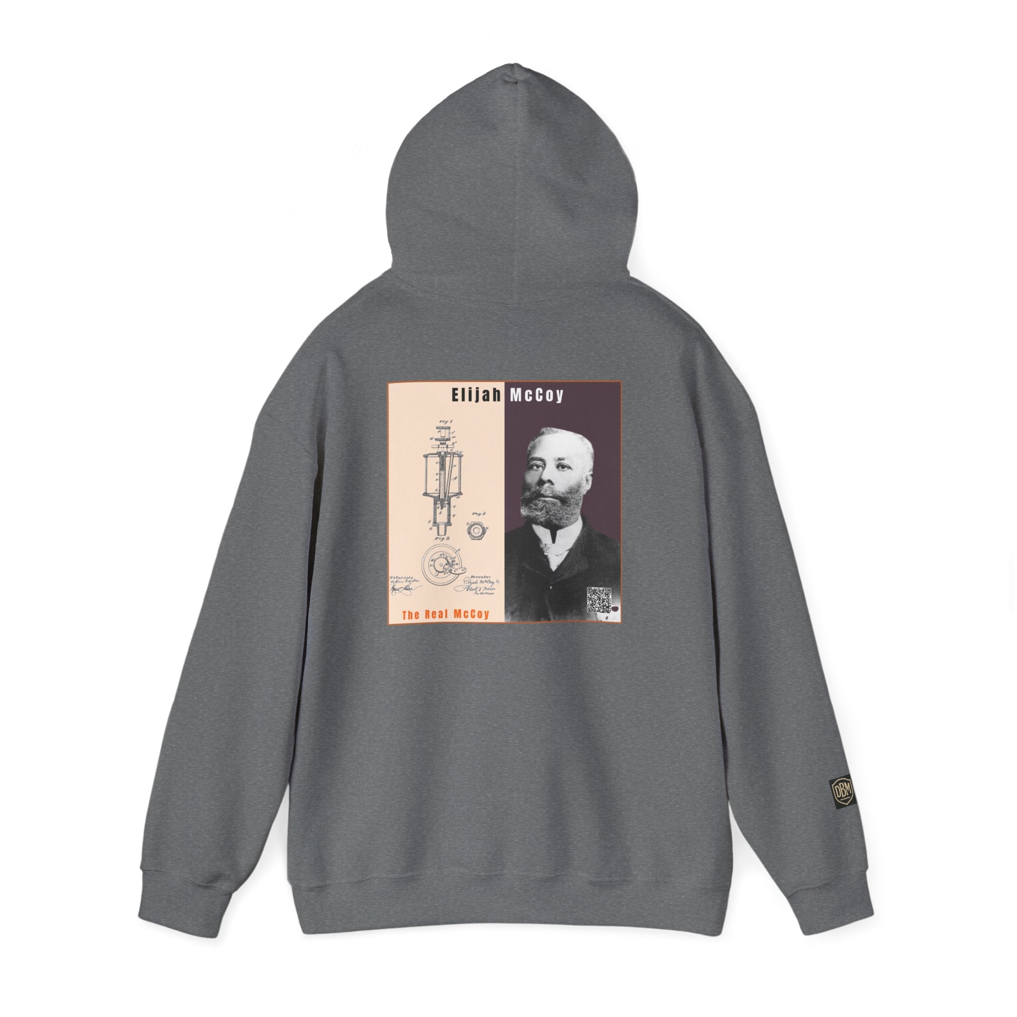 Defend Black Memories: Elijah McCoy Historical Black Portrait Big Back Logo Hoodie