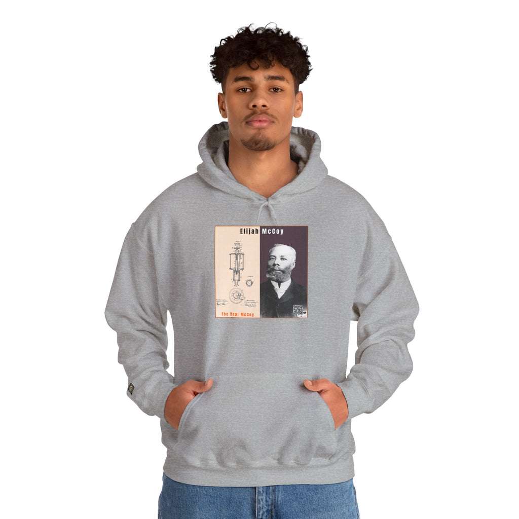 Defend Black Memories: Elijah McCoy Historical Black Portrait Big Back Logo Hoodie