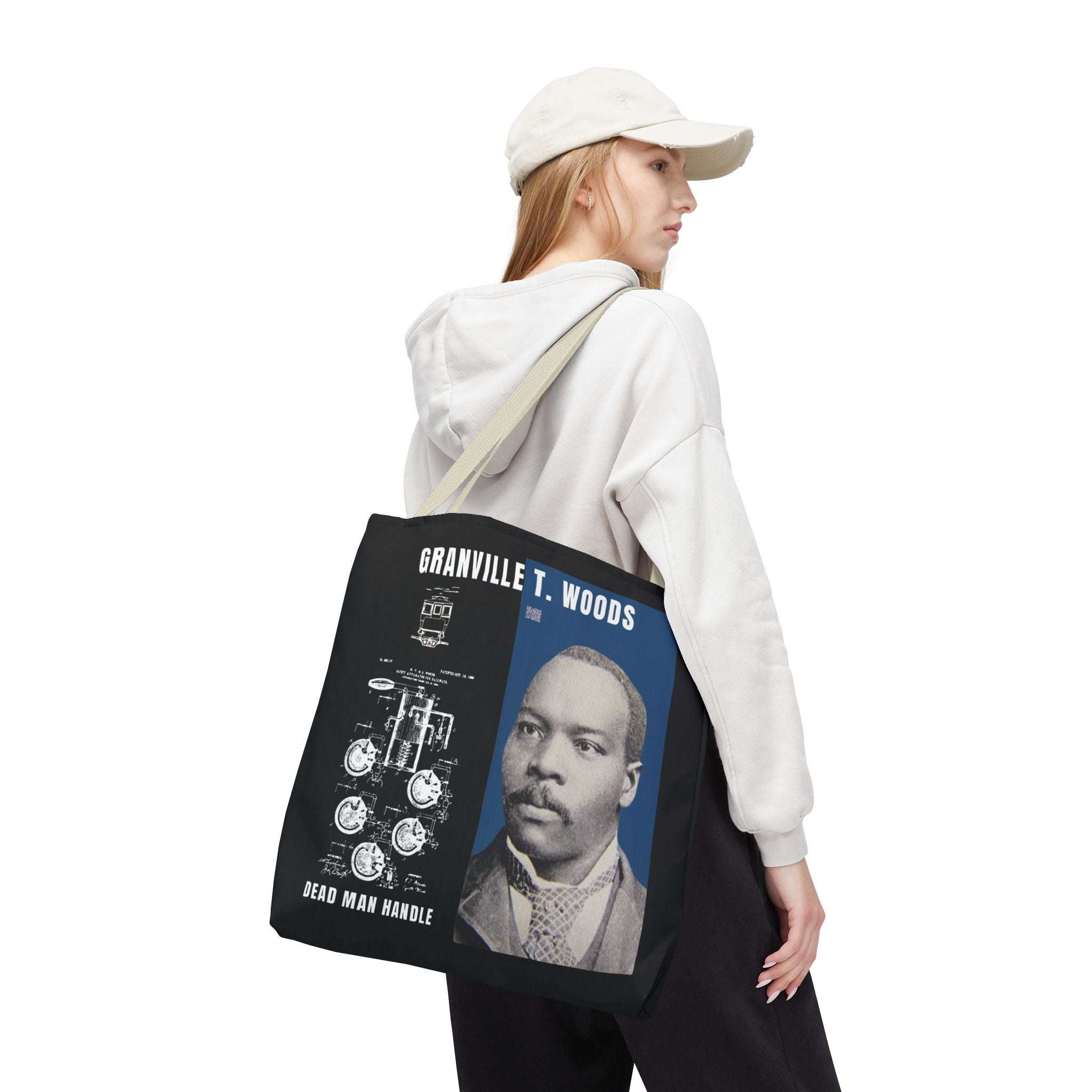 Granville T. Woods Historical Portrait Black Tote Bag (Trans/Dark Cerulean Block)