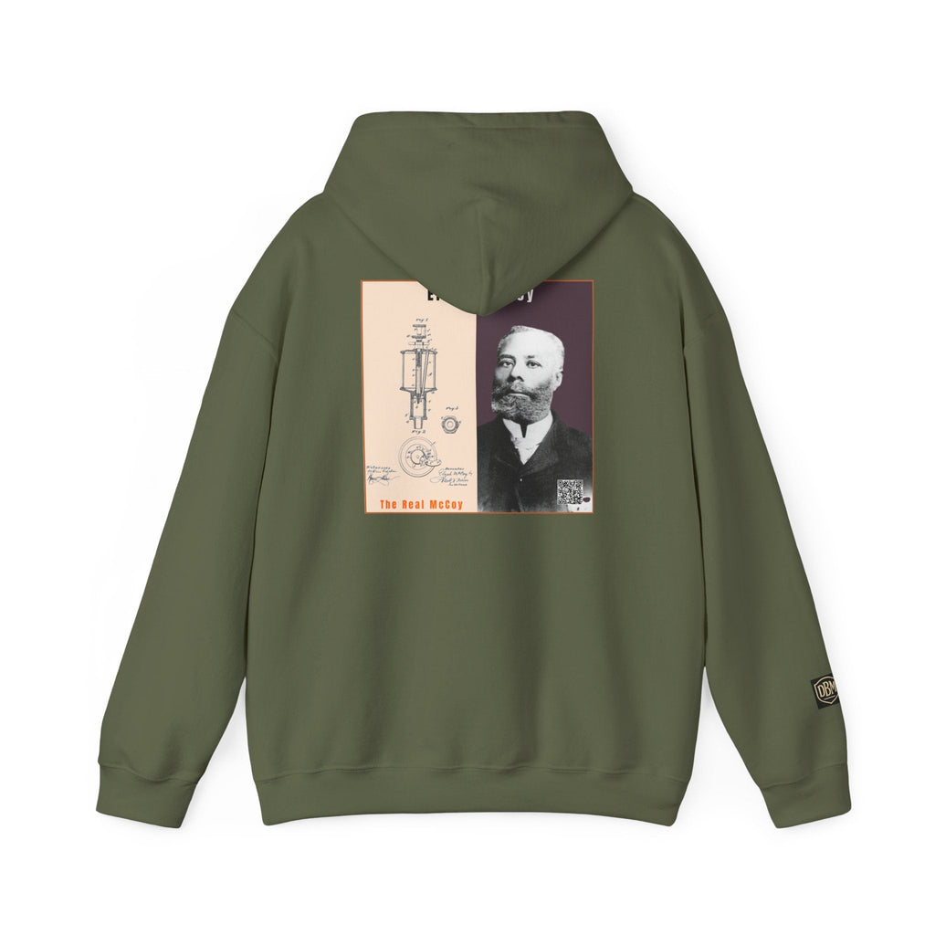 Defend Black Memories: Elijah McCoy Historical Black Portrait Big Back Logo Hoodie