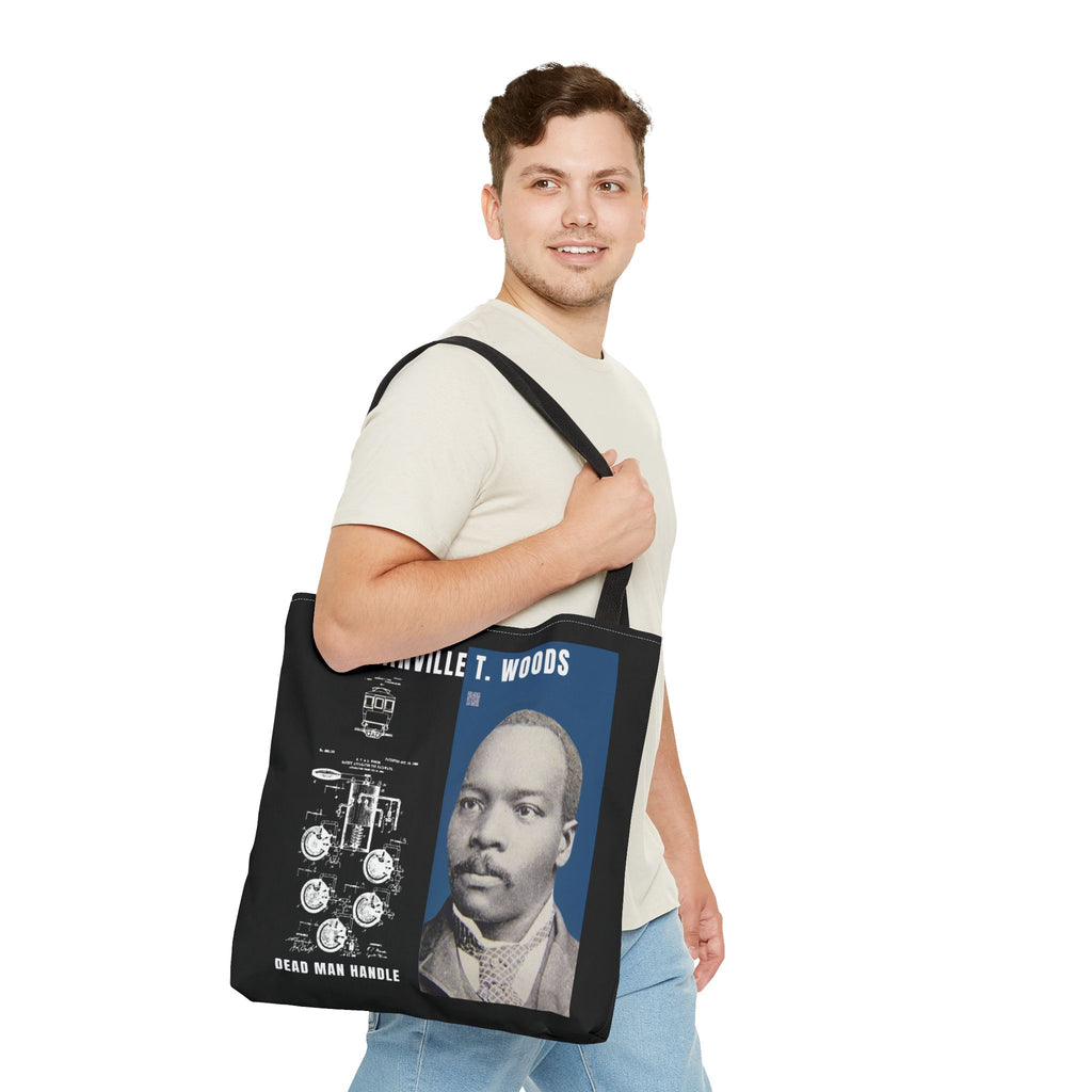 Granville T. Woods Historical Portrait Black Tote Bag (Trans/Dark Cerulean Block)