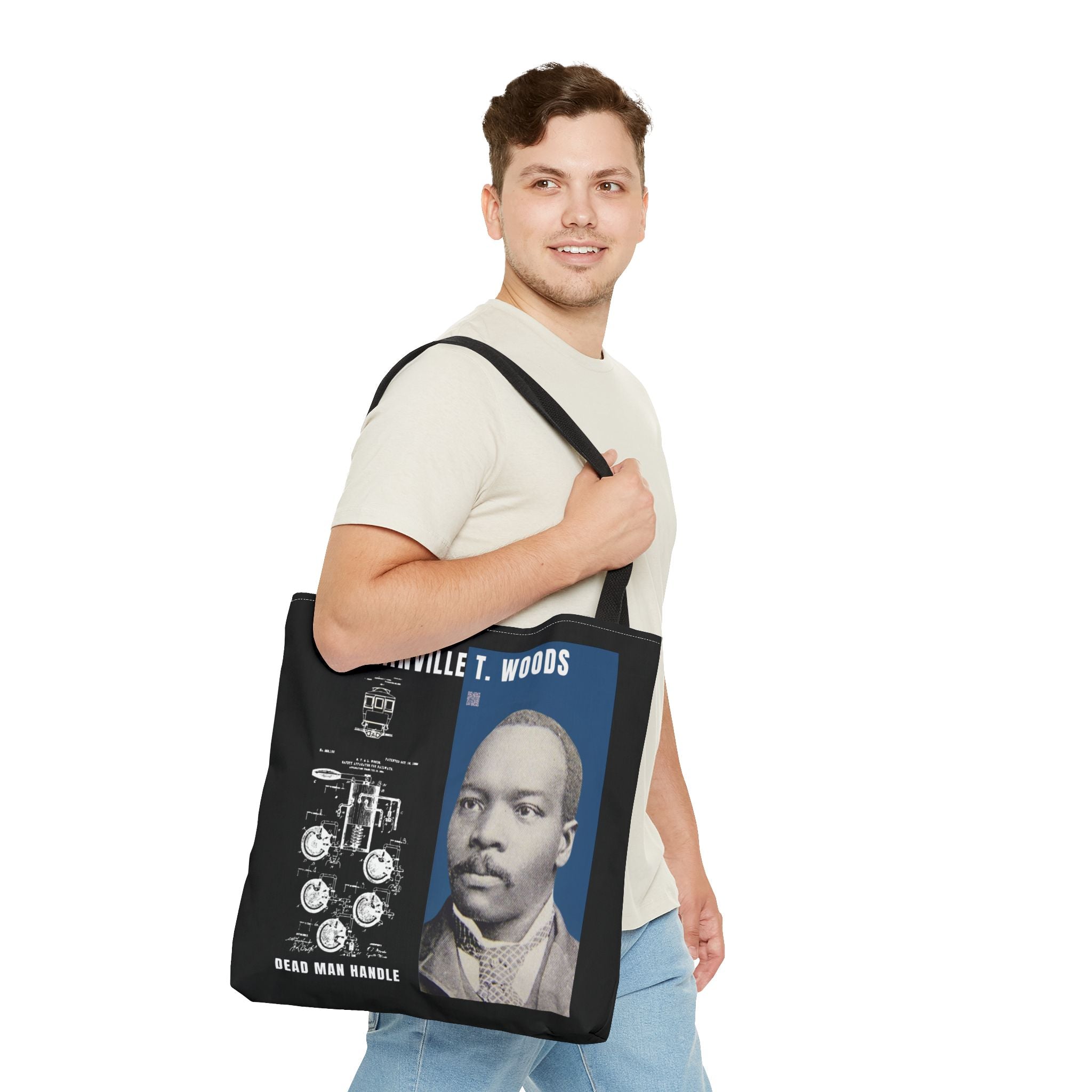 Granville T. Woods Historical Portrait Black Tote Bag (Trans/Dark Cerulean Block)