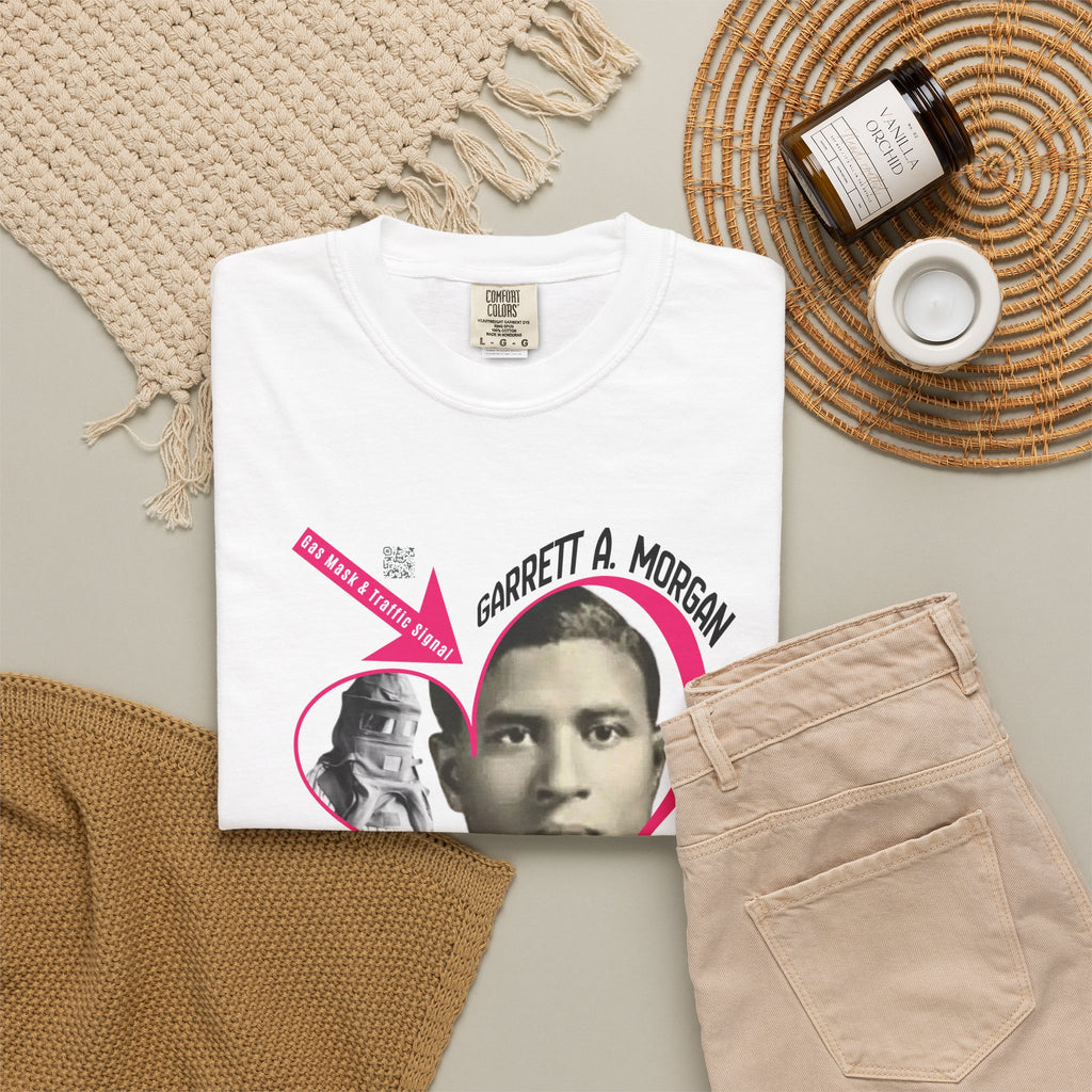 Garrett A. Morgan Oversize Heart Tribute Tee — Inventor of Traffic Signal & Gas Mask with QR Bio