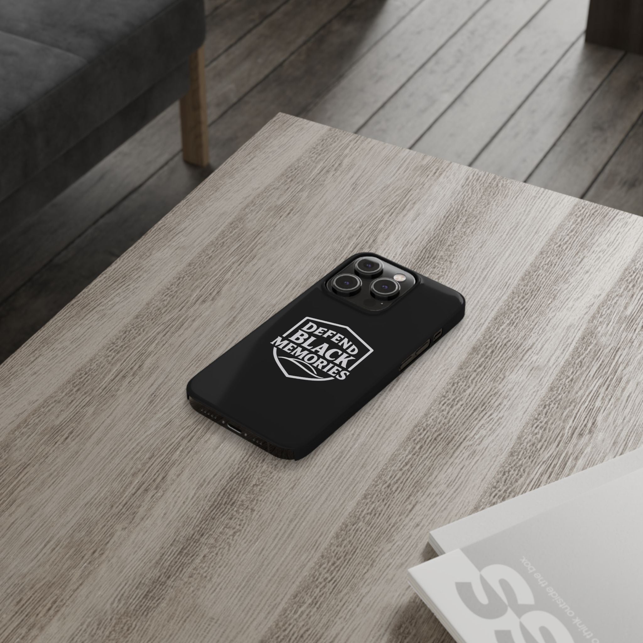 Defend Black Memories Slim Phone Case — Black Shield Typography Protective Cover