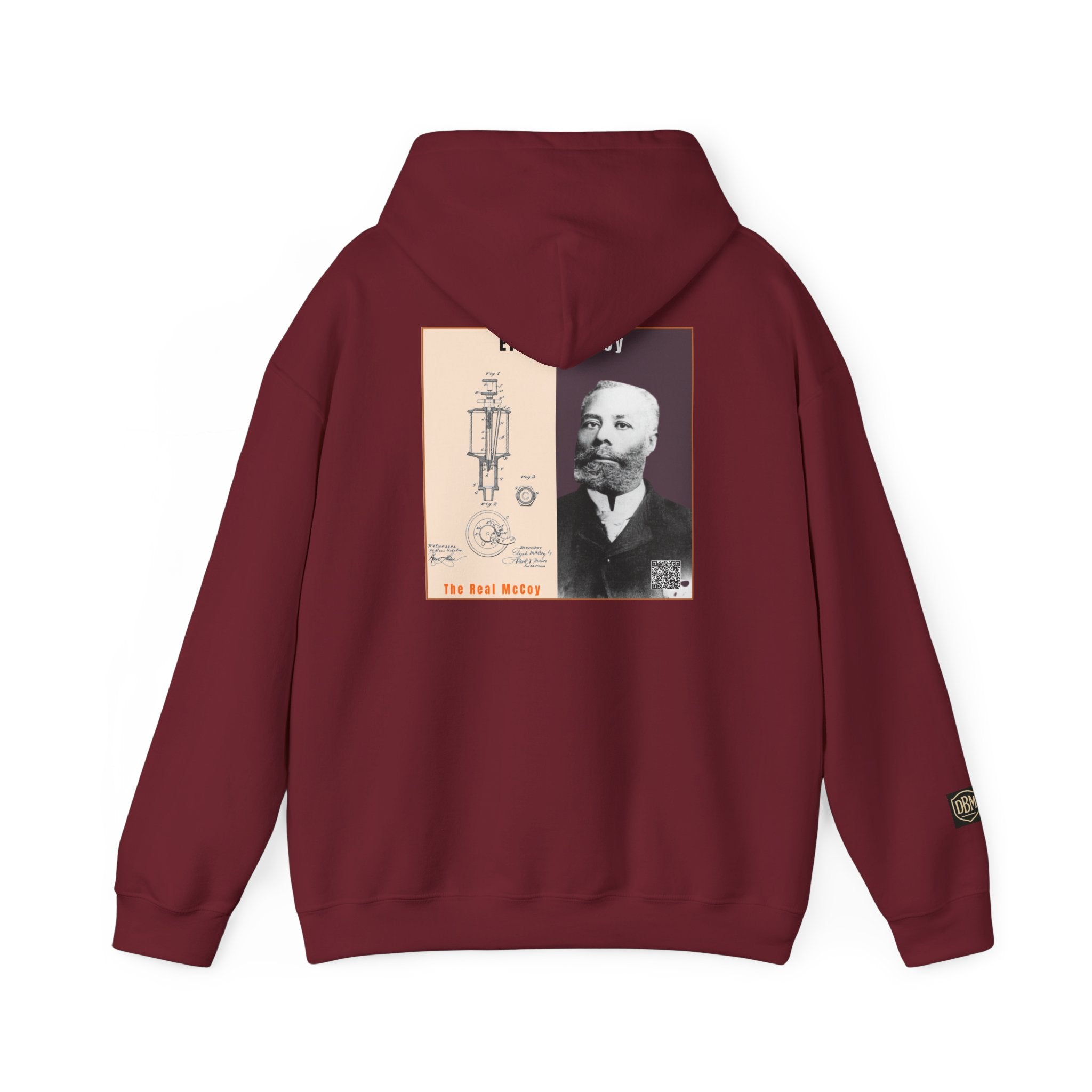 Defend Black Memories: Elijah McCoy Historical Black Portrait Big Back Logo Hoodie