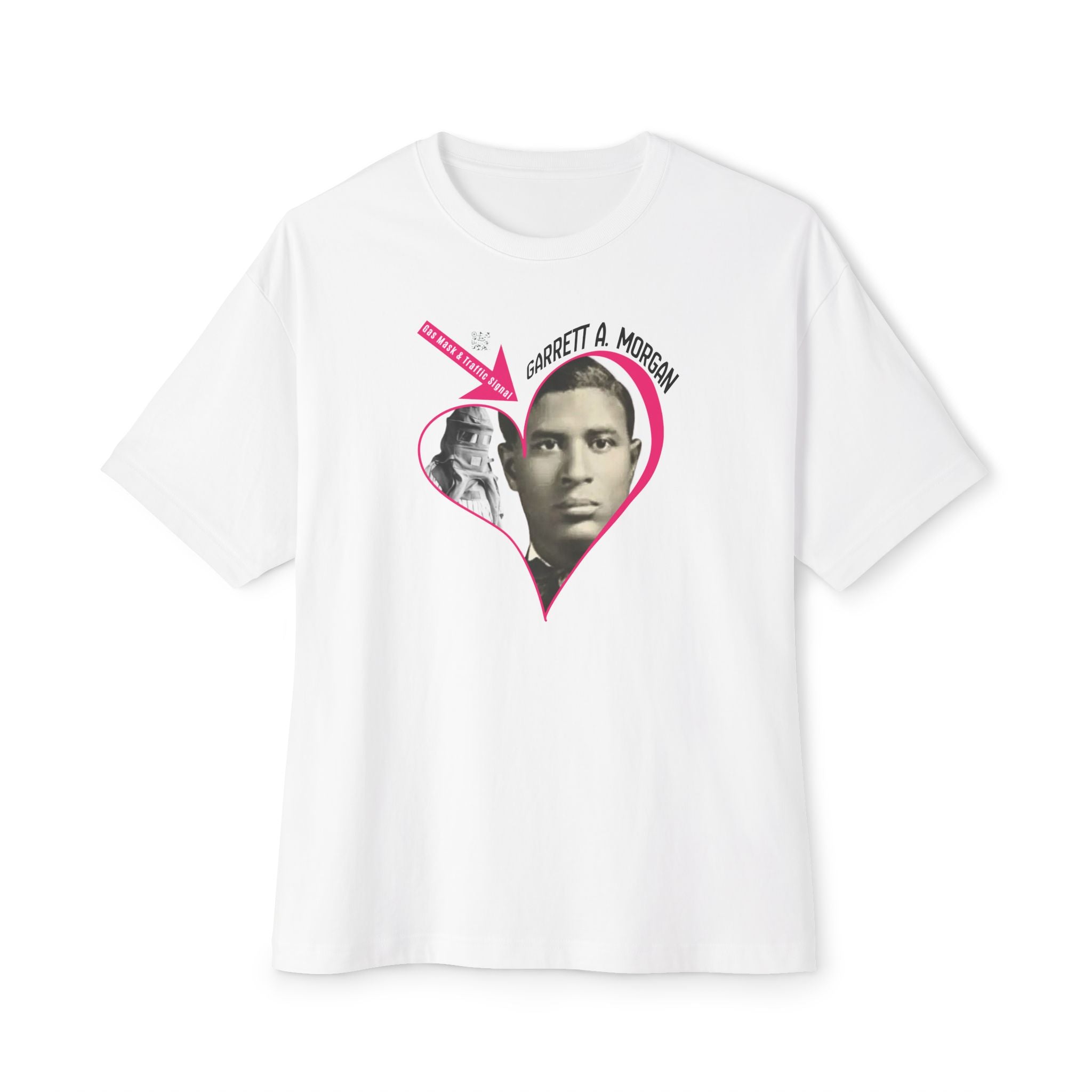 Garrett A. Morgan Oversize Heart Tribute Tee — Inventor of Traffic Signal & Gas Mask with QR Bio
