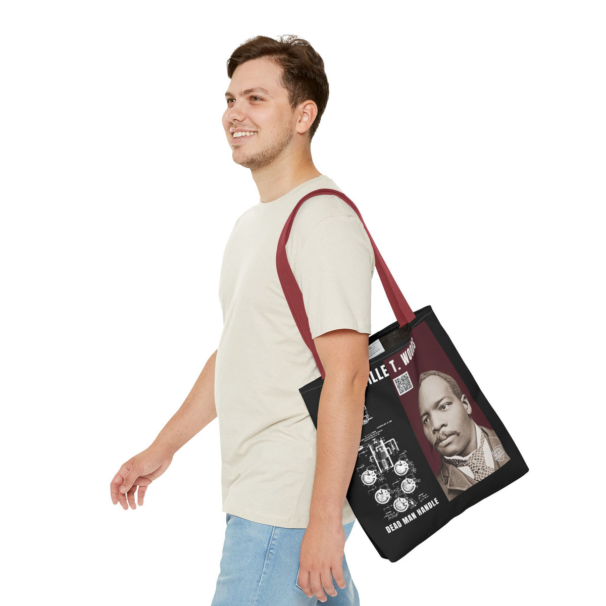 Granville T. Woods Historical Portrait Black Tote Bag (Trans/Brown Block)