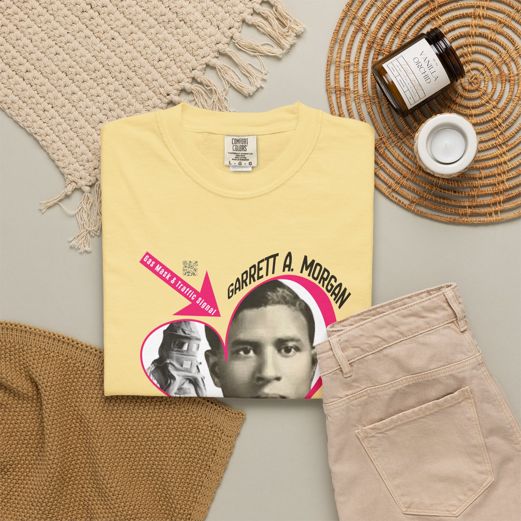 Garrett A. Morgan Oversize Heart Tribute Tee — Inventor of Traffic Signal & Gas Mask with QR Bio