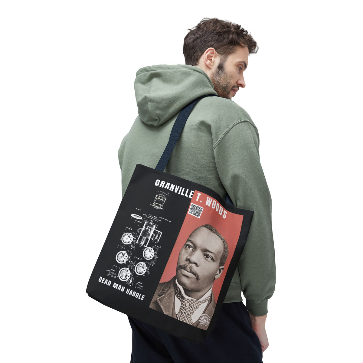 Granville T. Woods Historical Portrait Black Tote Bag (Trans/Dark Cerulean Block)