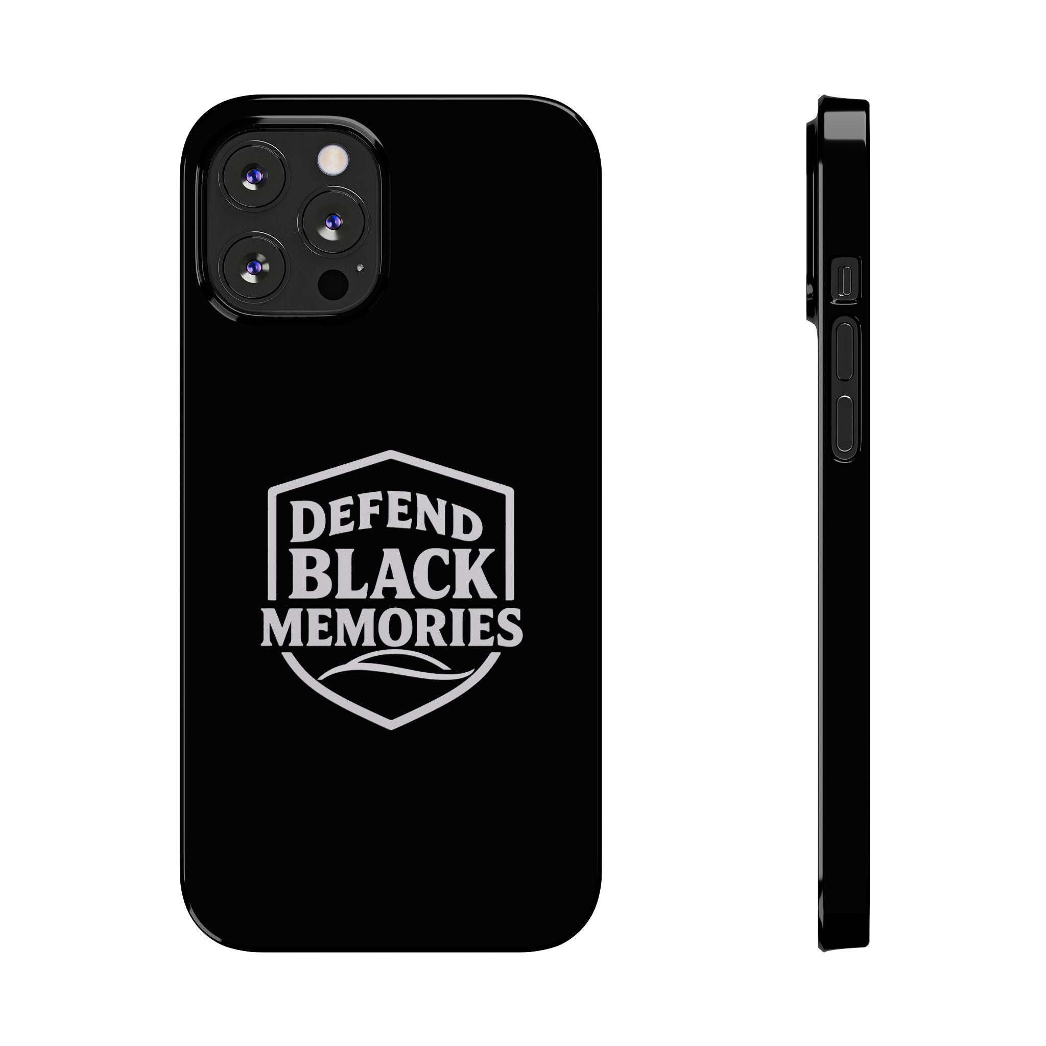 Defend Black Memories Slim Phone Case — Black Shield Typography Protective Cover