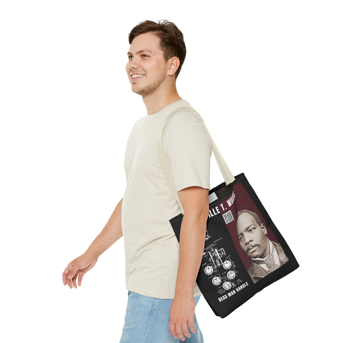 Granville T. Woods Historical Portrait Black Tote Bag (Trans/Brown Block)