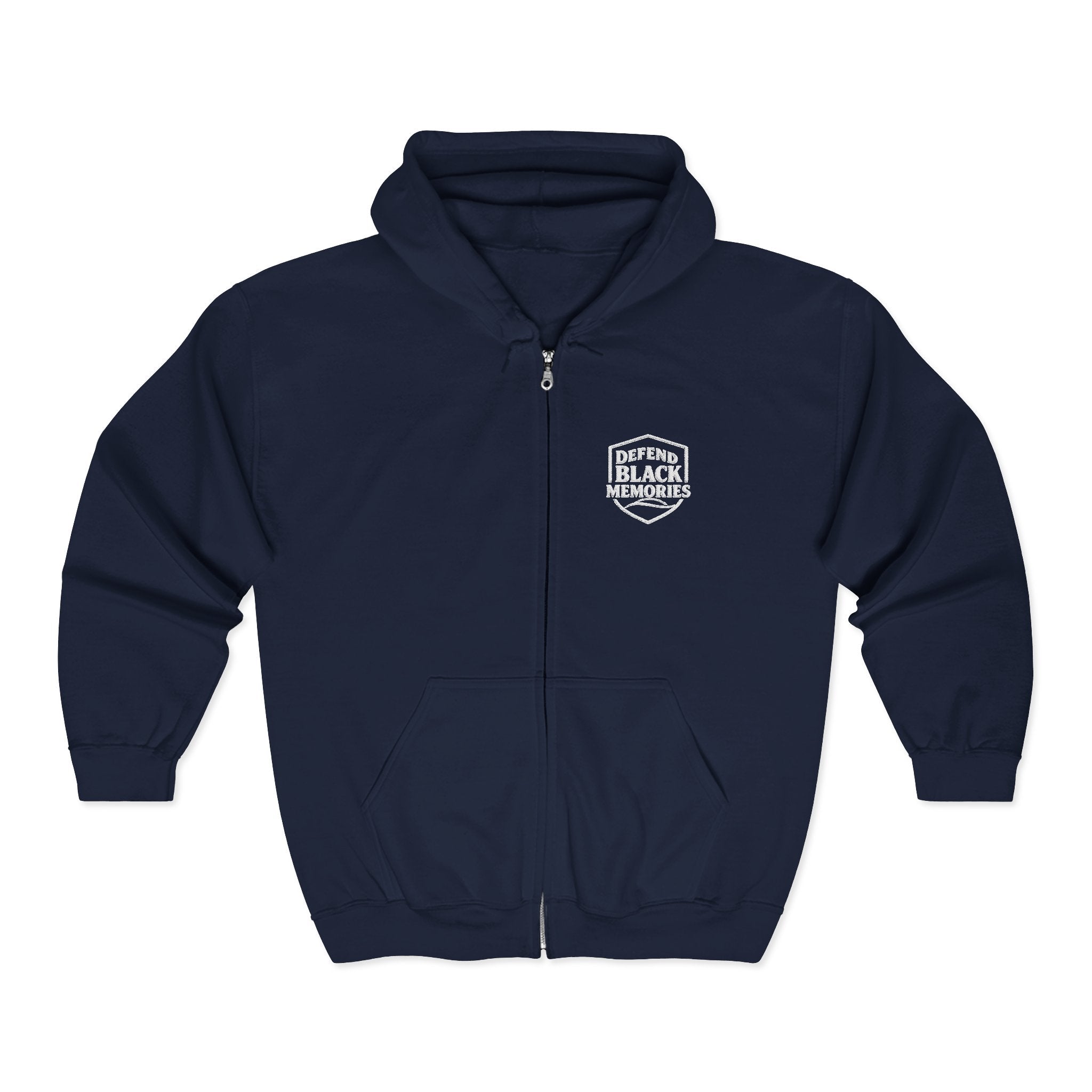 Defend Black Memories:Retro Shield Zip Hoodie — Minimal Crest Full-Zip Sweatshirt