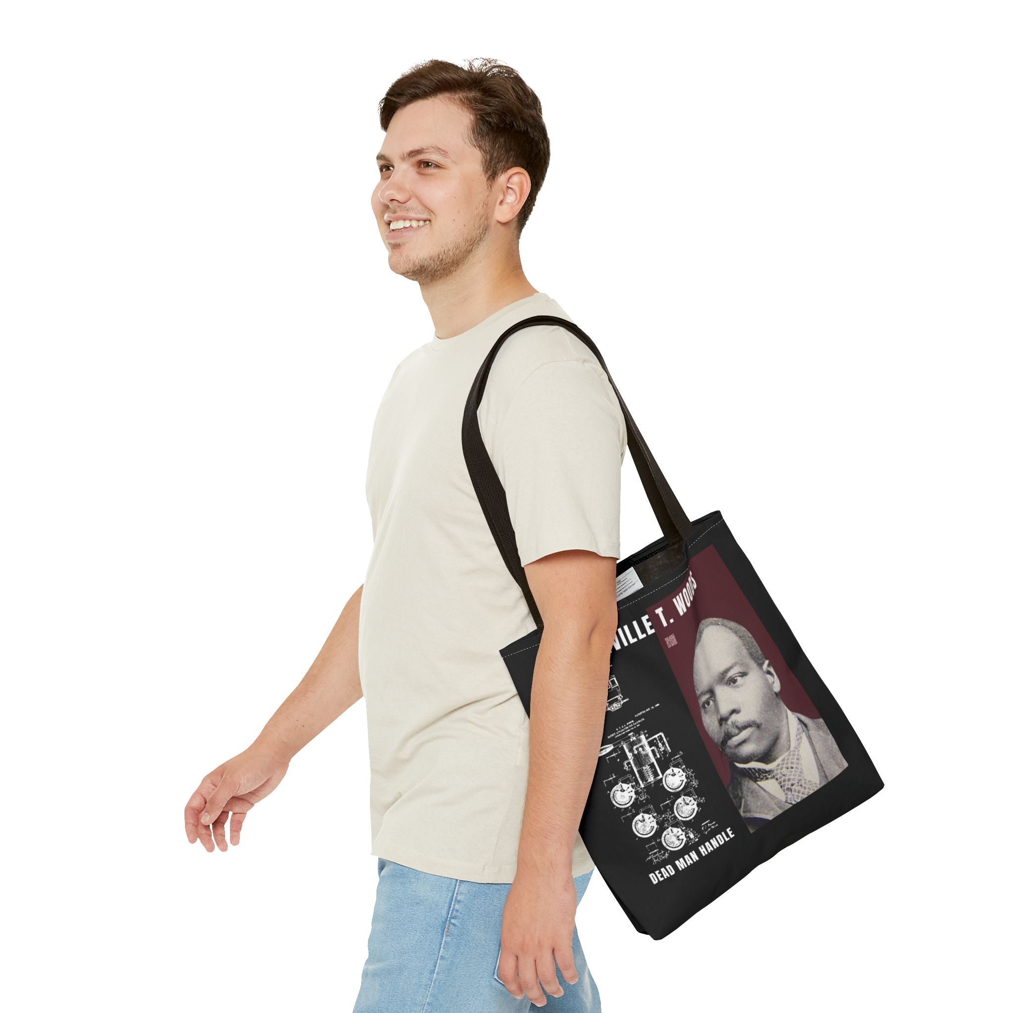 Granville T. Woods Historical Portrait Black Tote Bag (Trans/Brown Block)