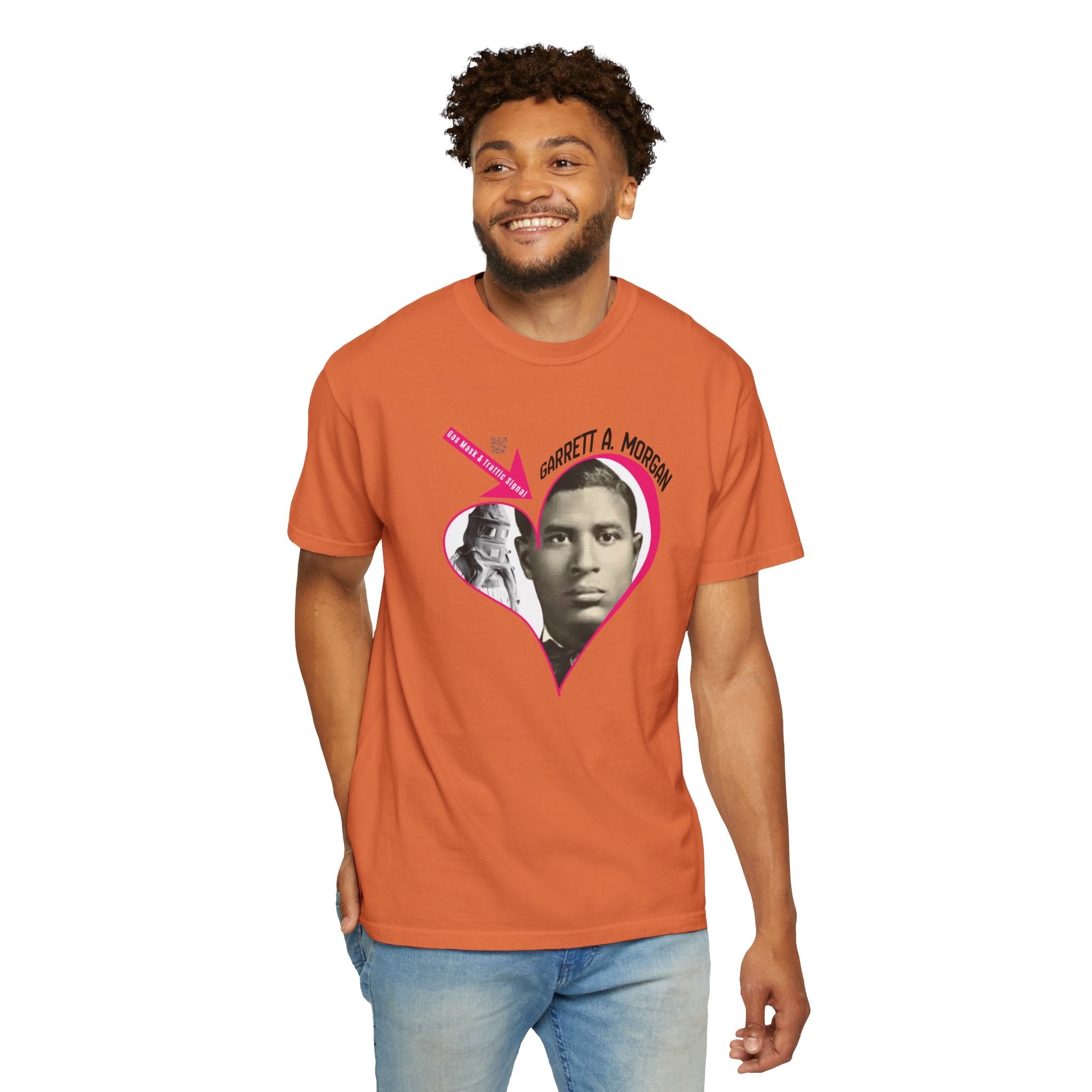 Garrett A. Morgan Oversize Heart Tribute Tee — Inventor of Traffic Signal & Gas Mask with QR Bio