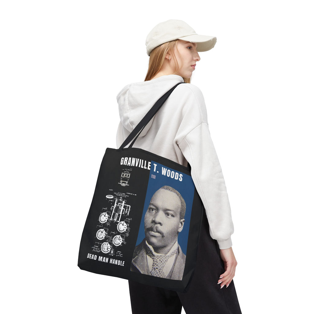 Granville T. Woods Historical Portrait Black Tote Bag (Trans/Dark Cerulean Block)