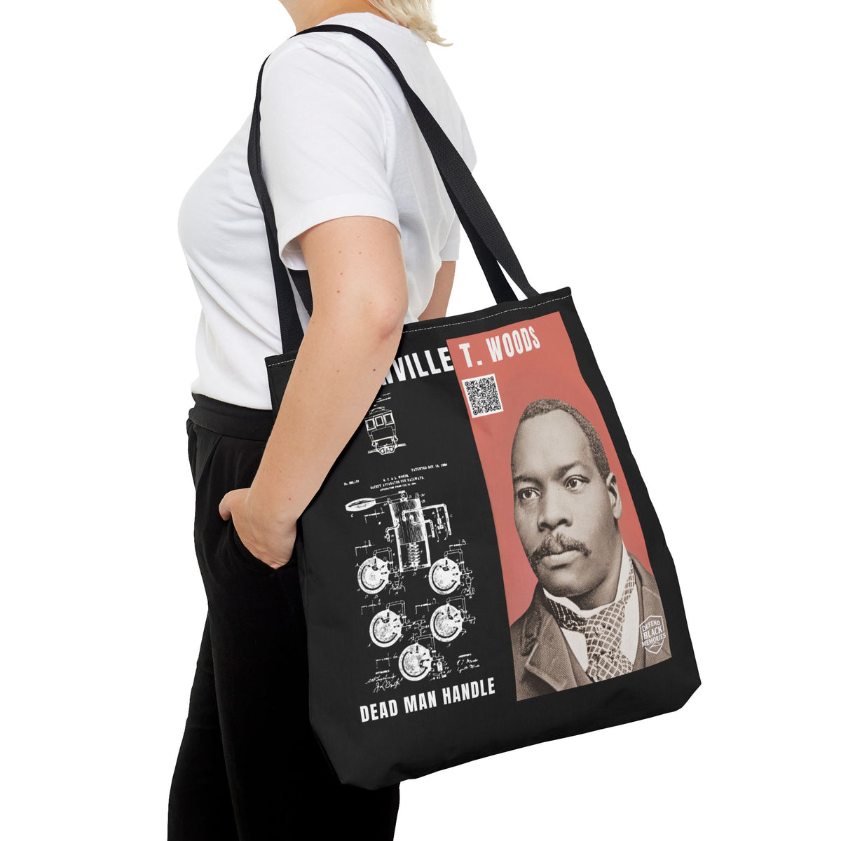 Granville T. Woods Historical Portrait Black Tote Bag (Trans/Dark Cerulean Block)