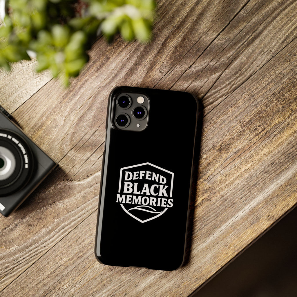 Defend Black Memories Slim Phone Case — Black Shield Typography Protective Cover